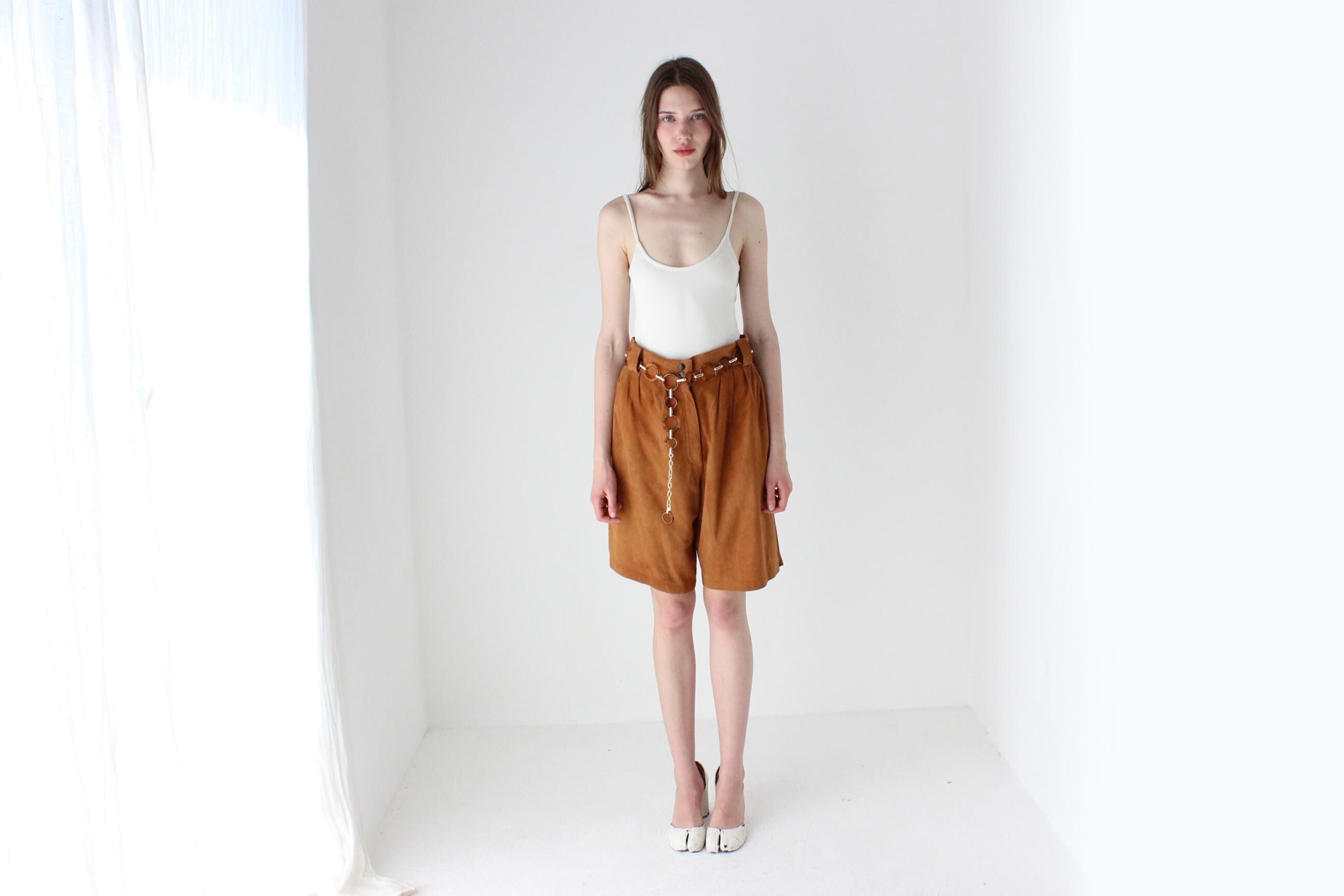80s Caramel Suede Leather Knee Length Shorts