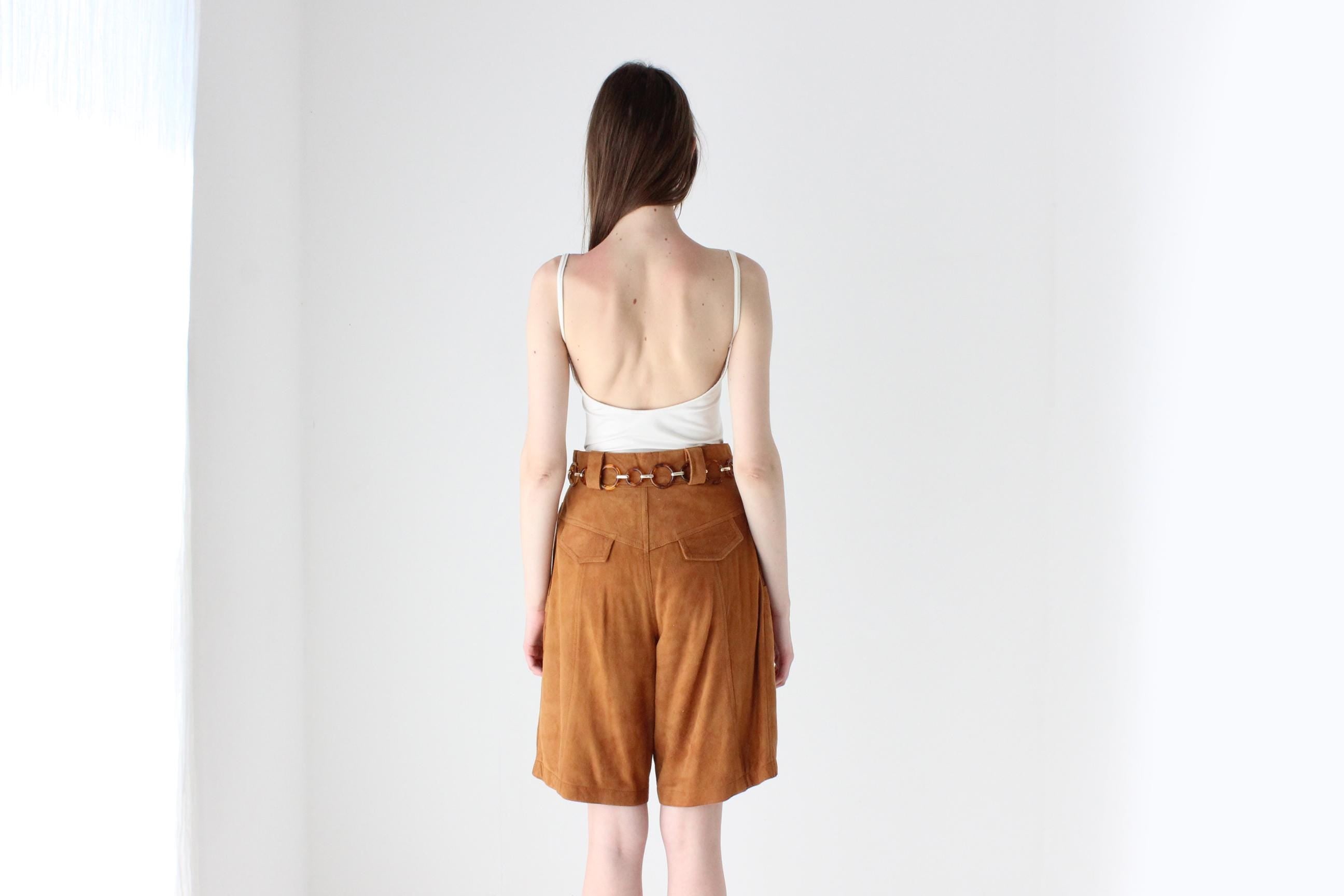 80s Caramel Suede Leather Knee Length Shorts