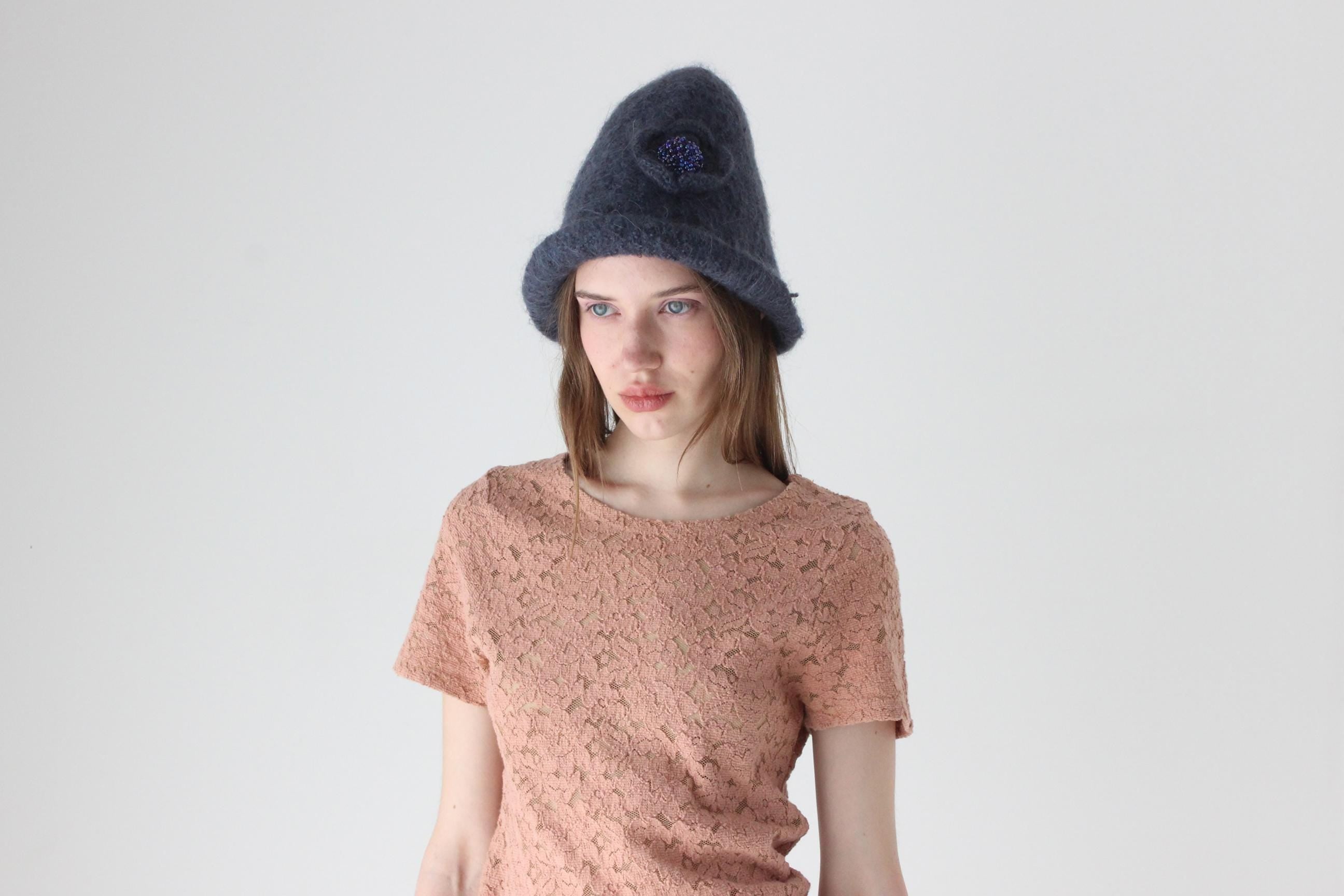 90s Mohair Felt Knit Hat w/ Beaded Flower