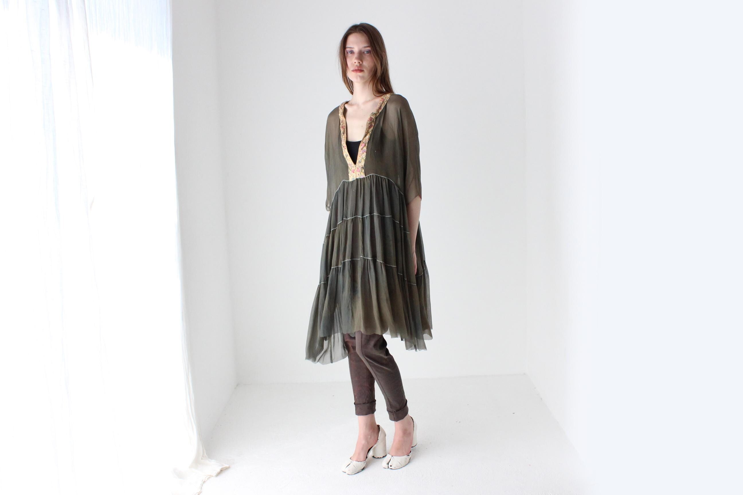 Antique Silk Delicate Sheer Ruffle Dress