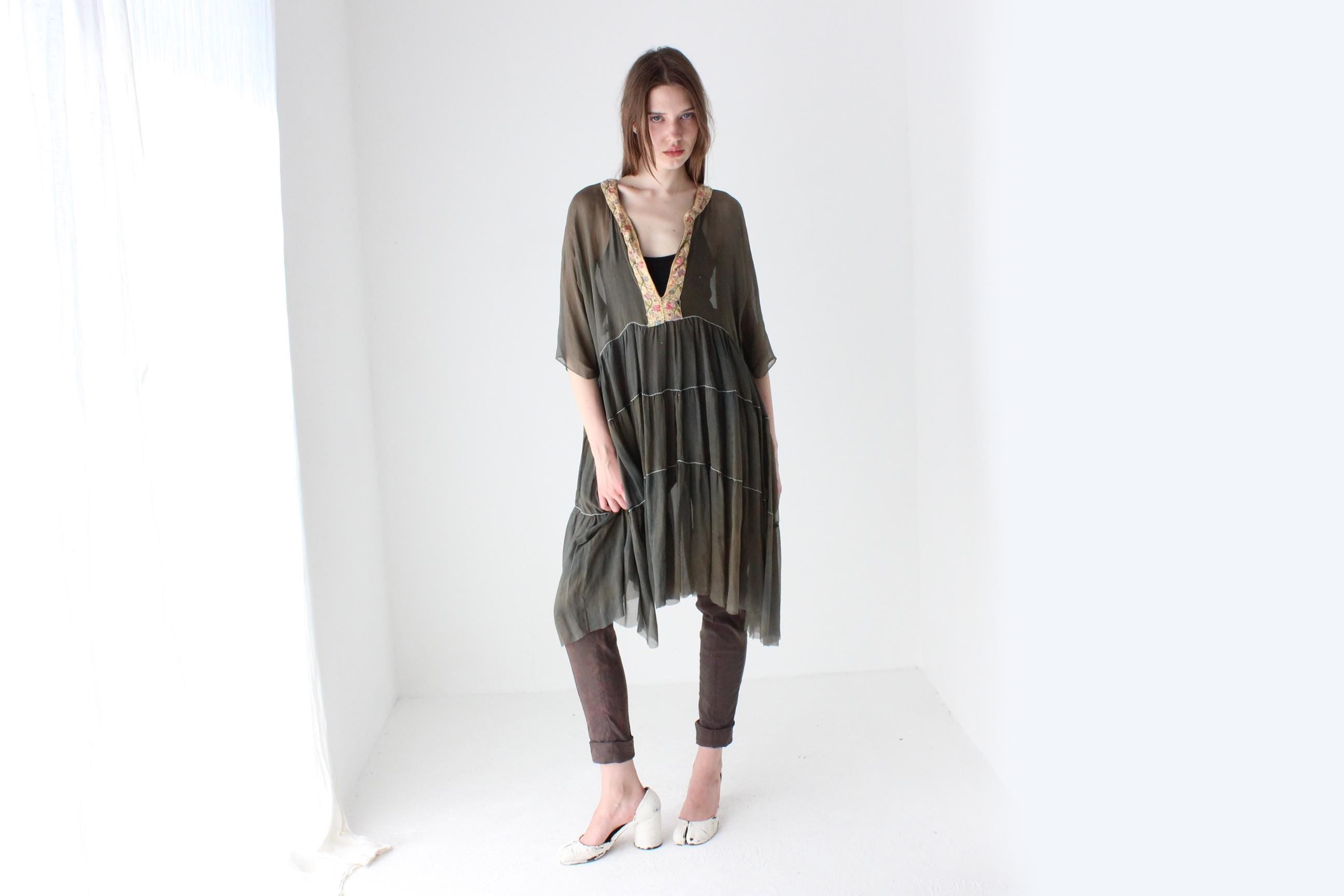 Antique Silk Delicate Sheer Ruffle Dress