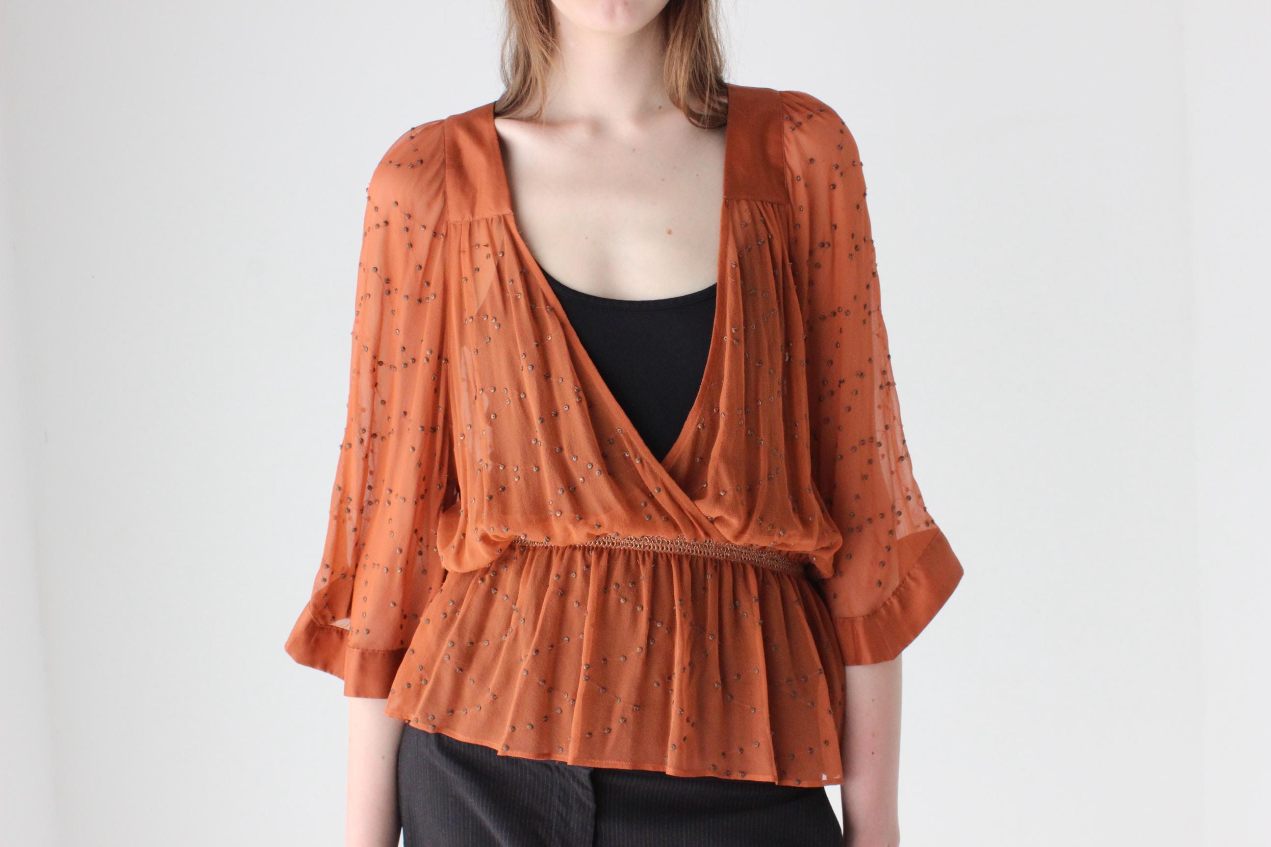 Early 2000s Sportsgirl Quality Silk Boho Top w/ Brass Studs