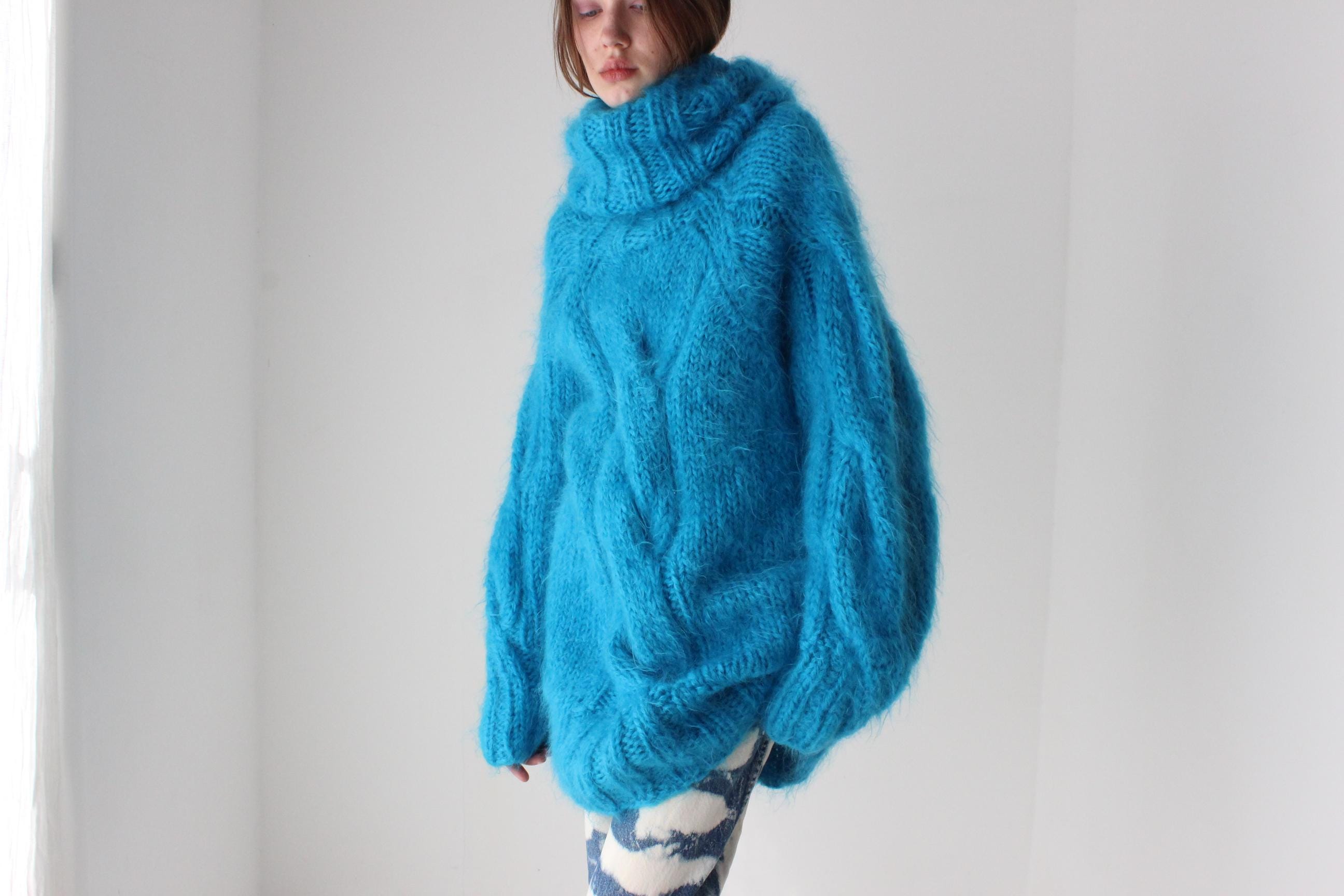 Aqua Hand Knit Wool & Mohair Cable Knit Sweater
