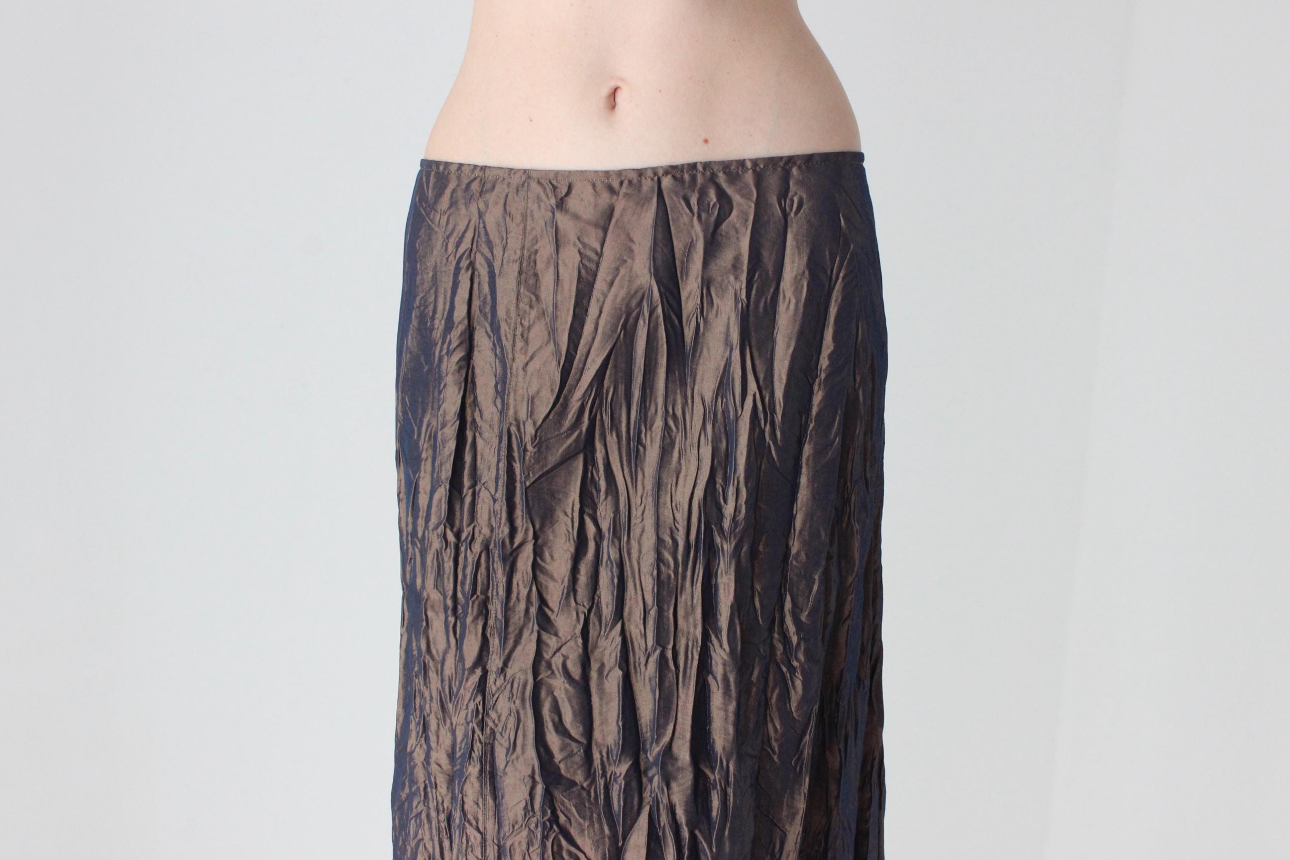 Y2K French Designer Metallic Crinkle Midi Skirt