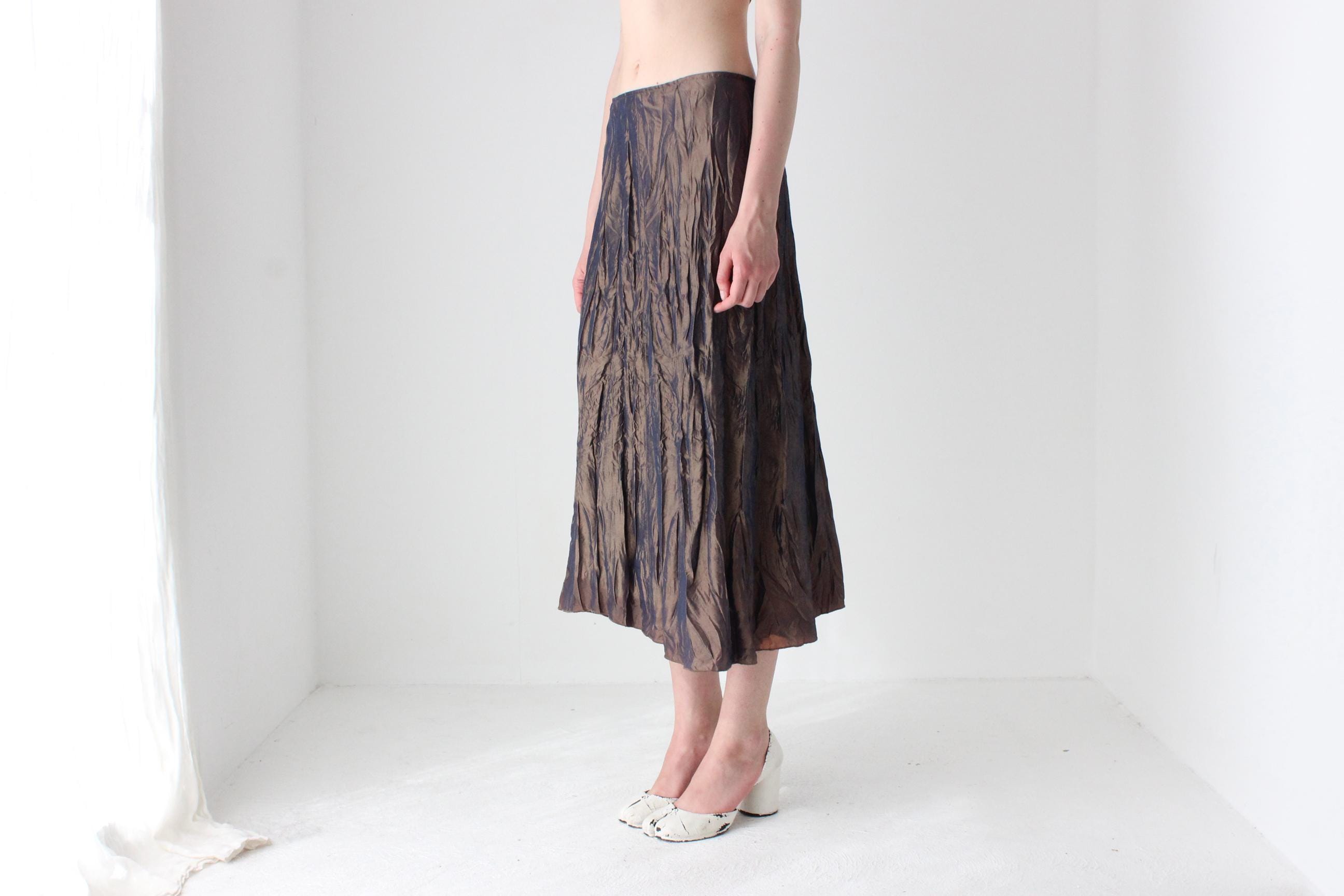 Y2K French Designer Metallic Crinkle Midi Skirt