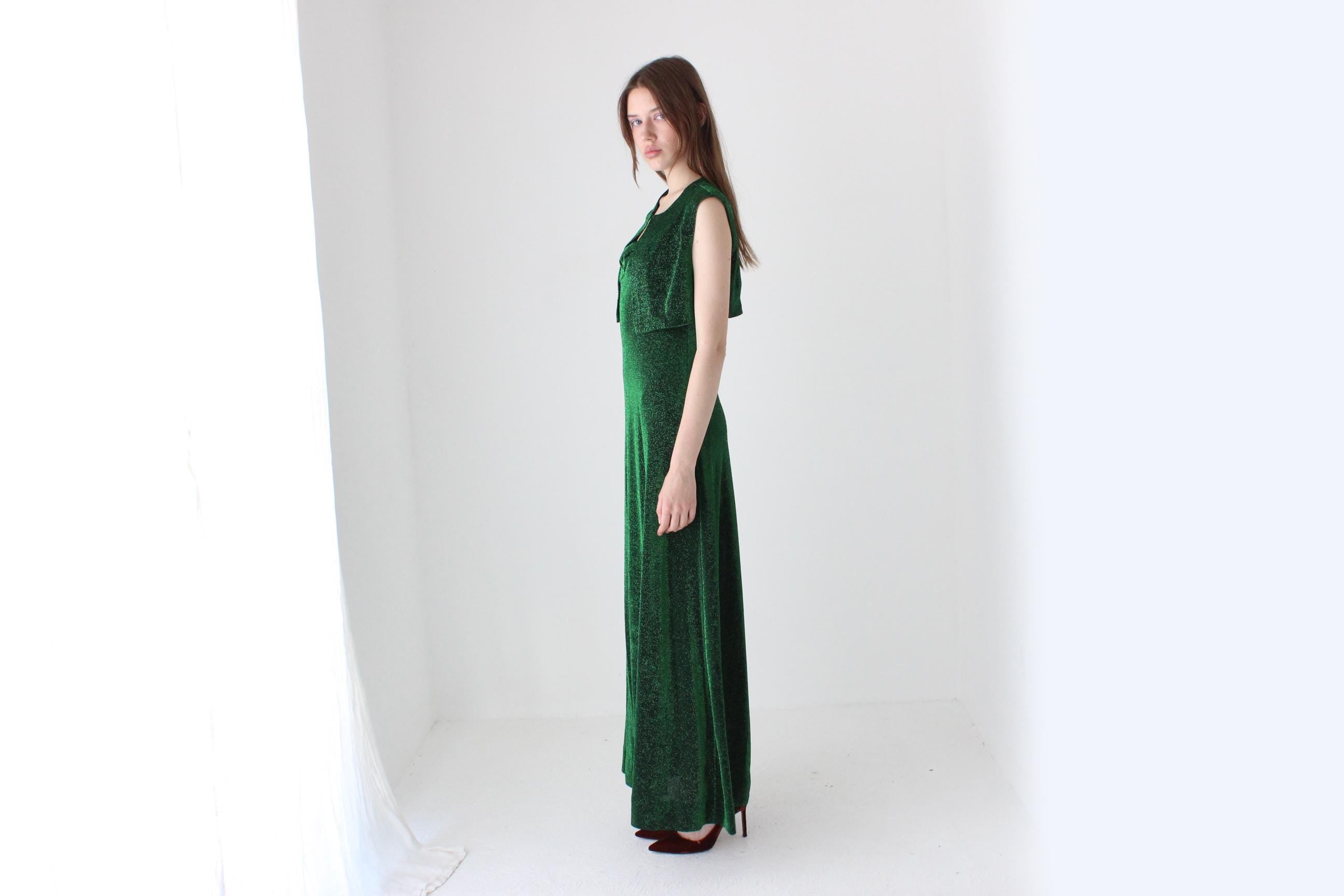 70s Moss Green Metallic Lurex Disco Gown w/ Matching Bolero