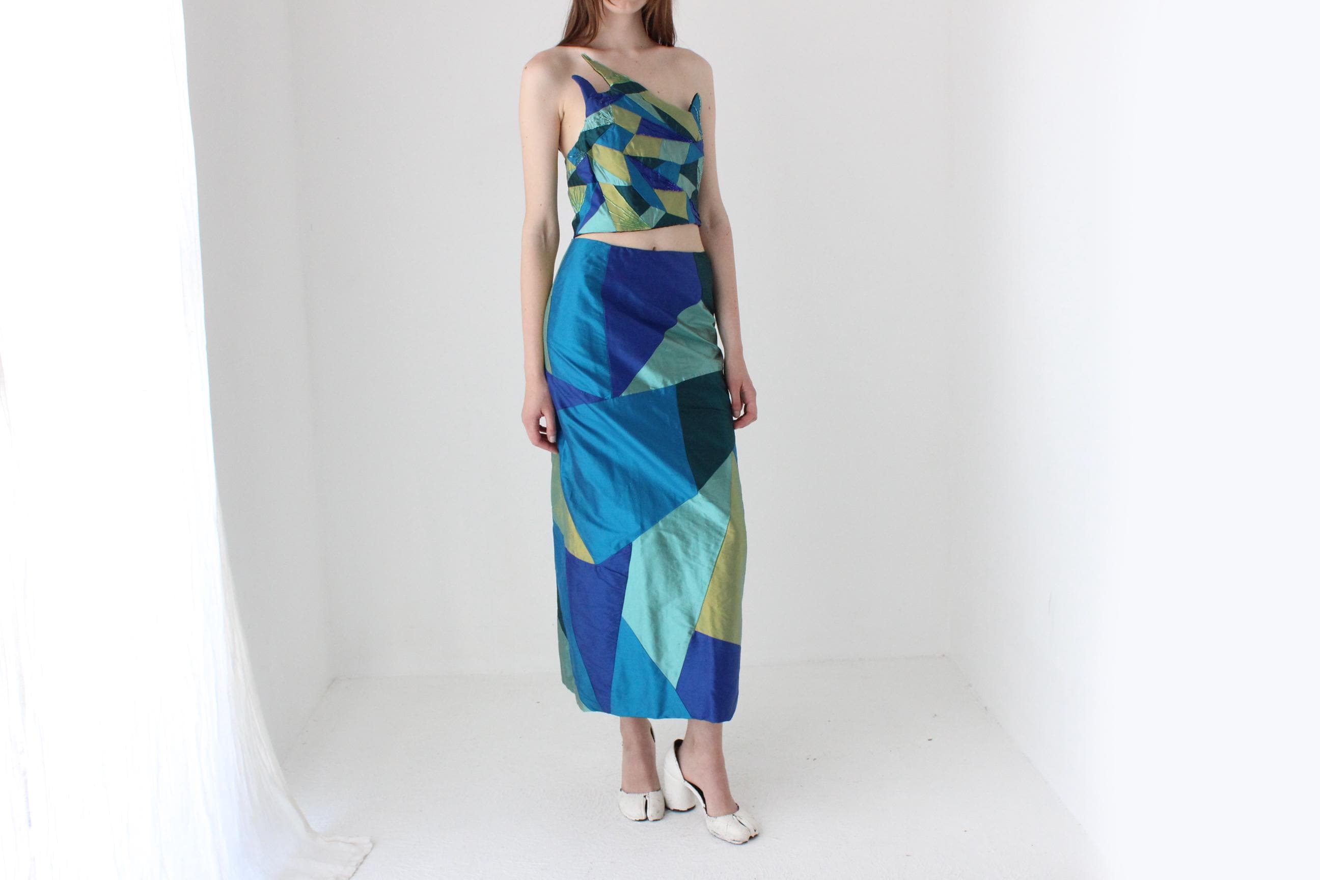 90s Thai Silk Patchwork Two Piece Top & Skirt Set