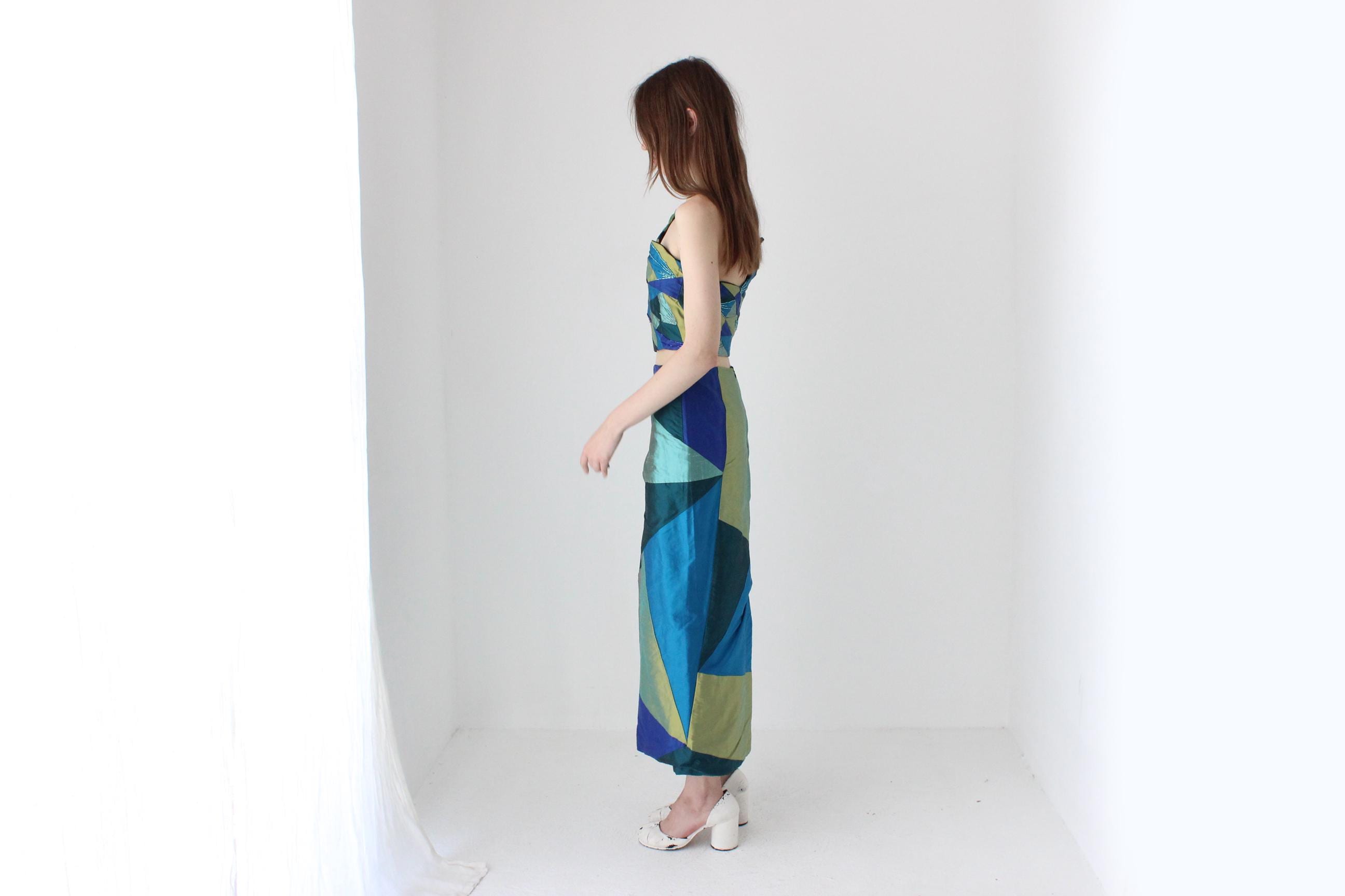 90s Thai Silk Patchwork Two Piece Top & Skirt Set