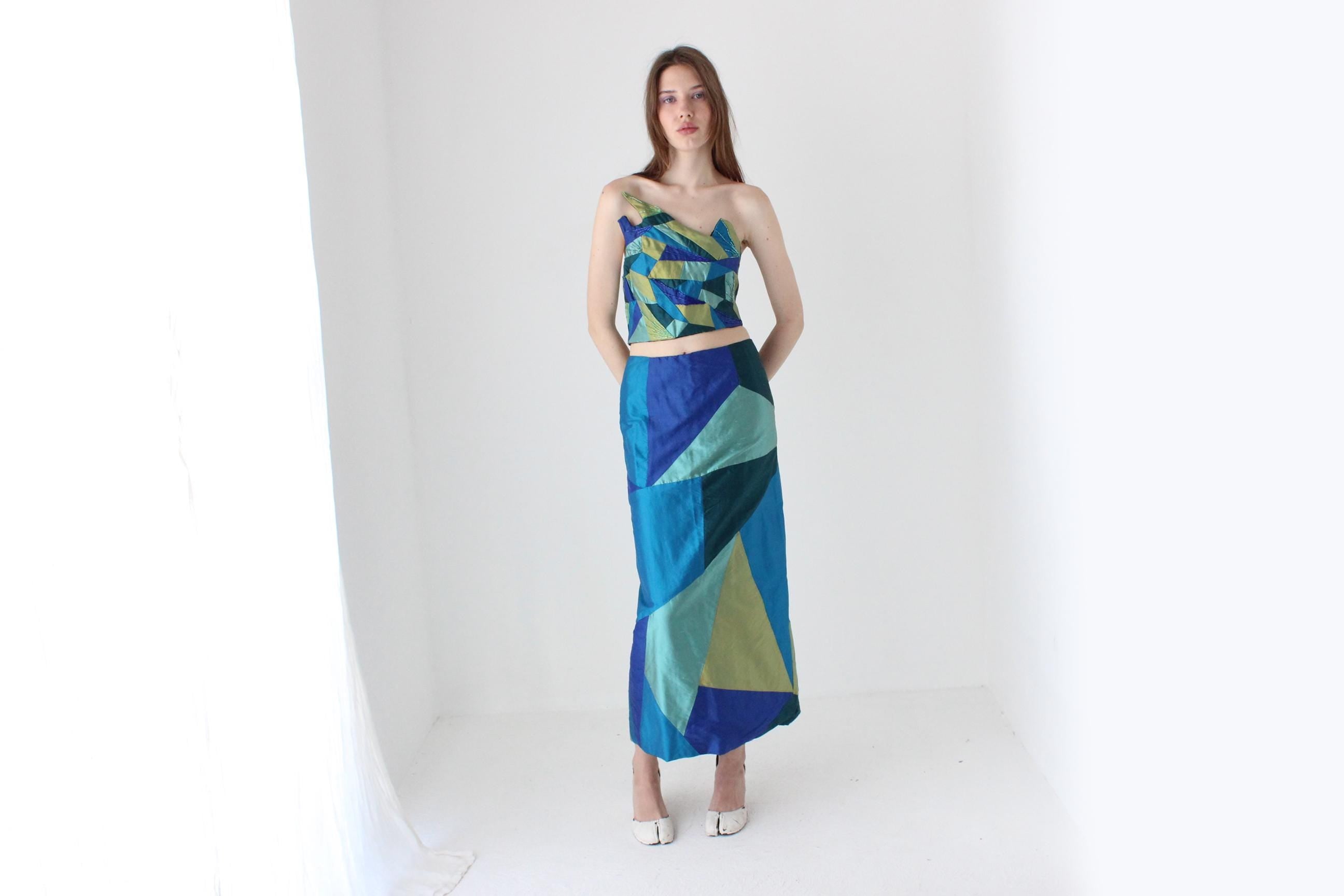90s Thai Silk Patchwork Two Piece Top & Skirt Set