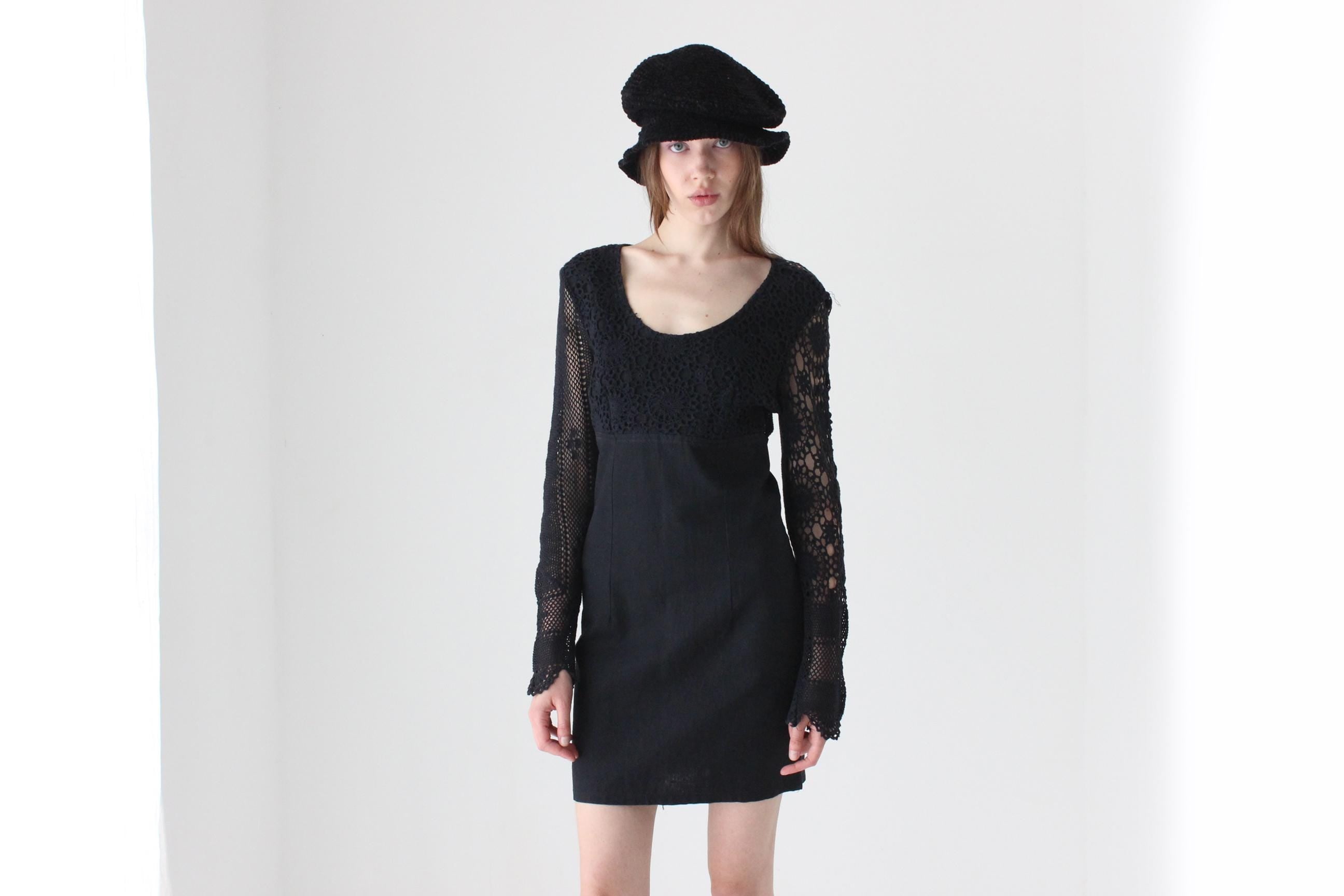 90s Cotton Crochet Long Sleeve Mini