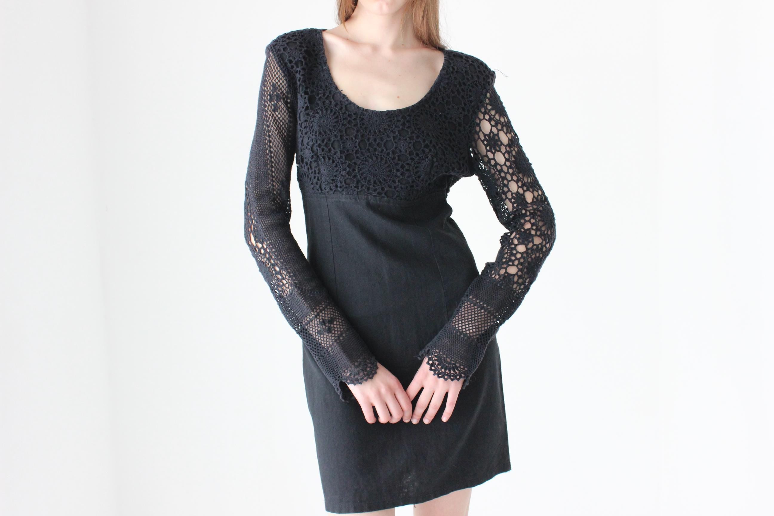 90s Cotton Crochet Long Sleeve Mini