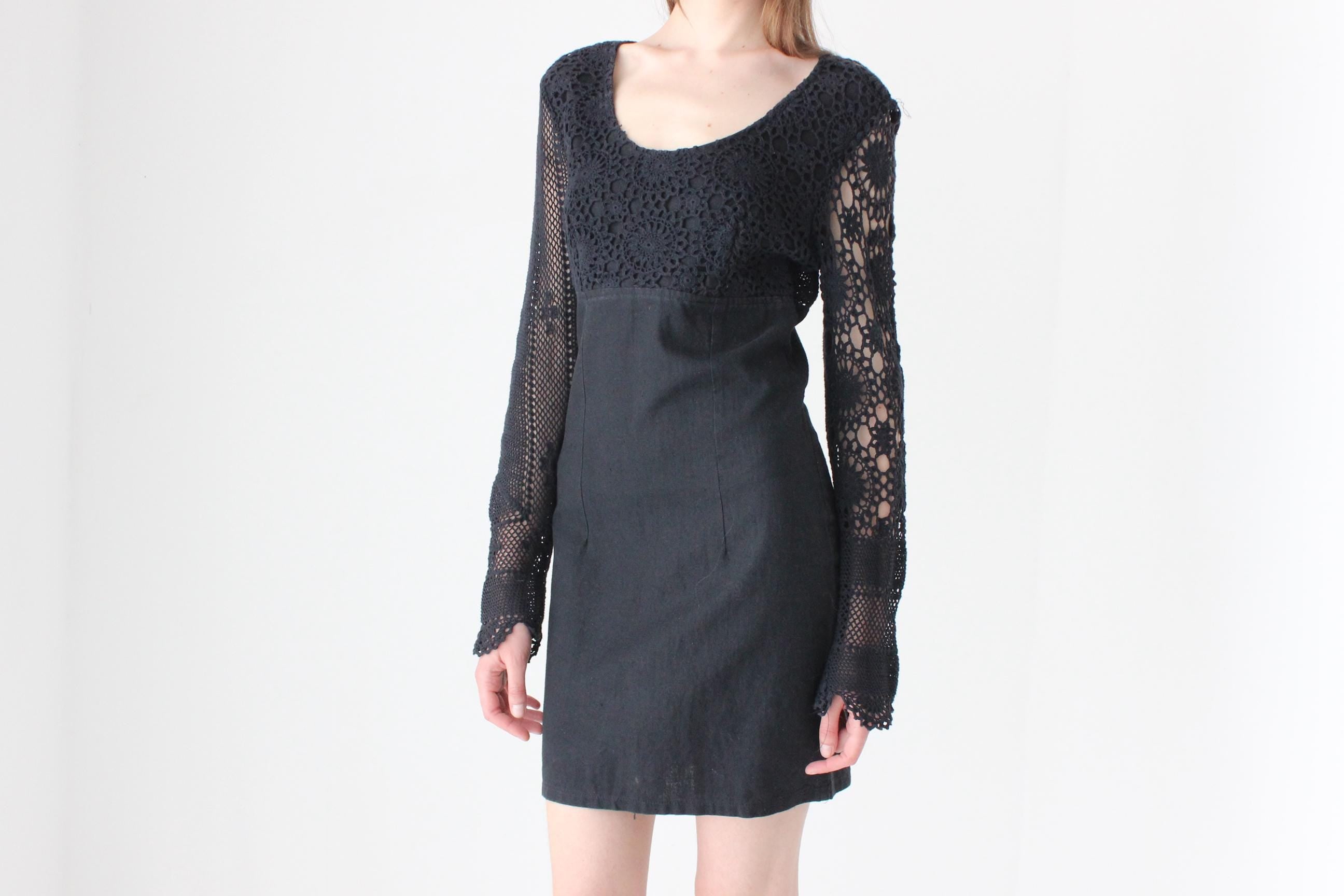 90s Cotton Crochet Long Sleeve Mini