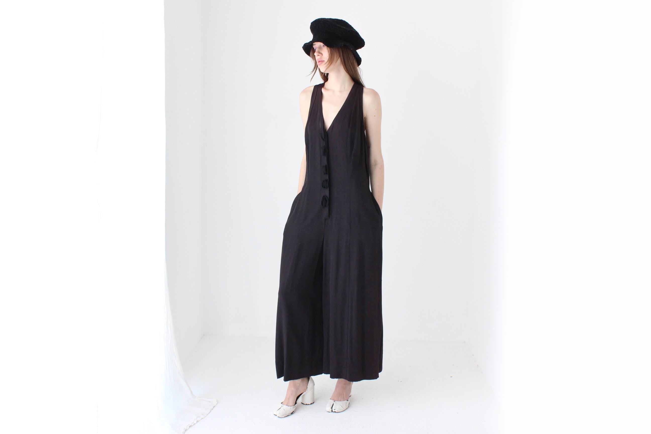80s Crepe Wide Leg Jumpsuit w/ 3D Rosettes