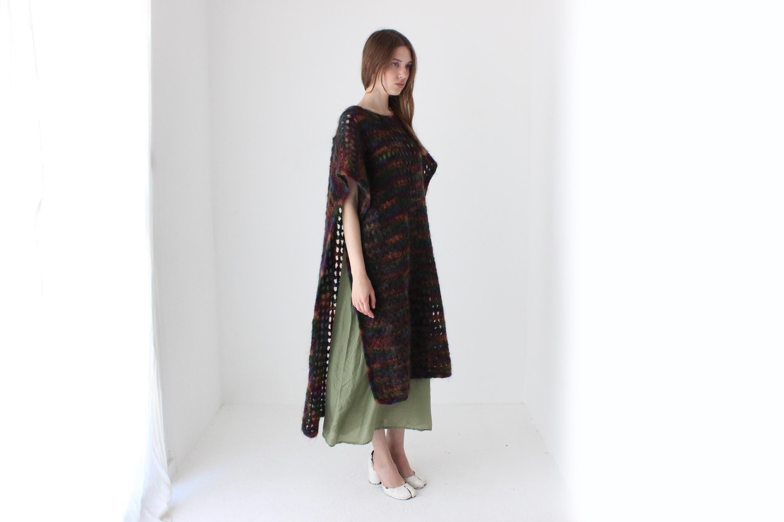 90s Hand Knit Mohair Free Size Open Sided Poncho Dress