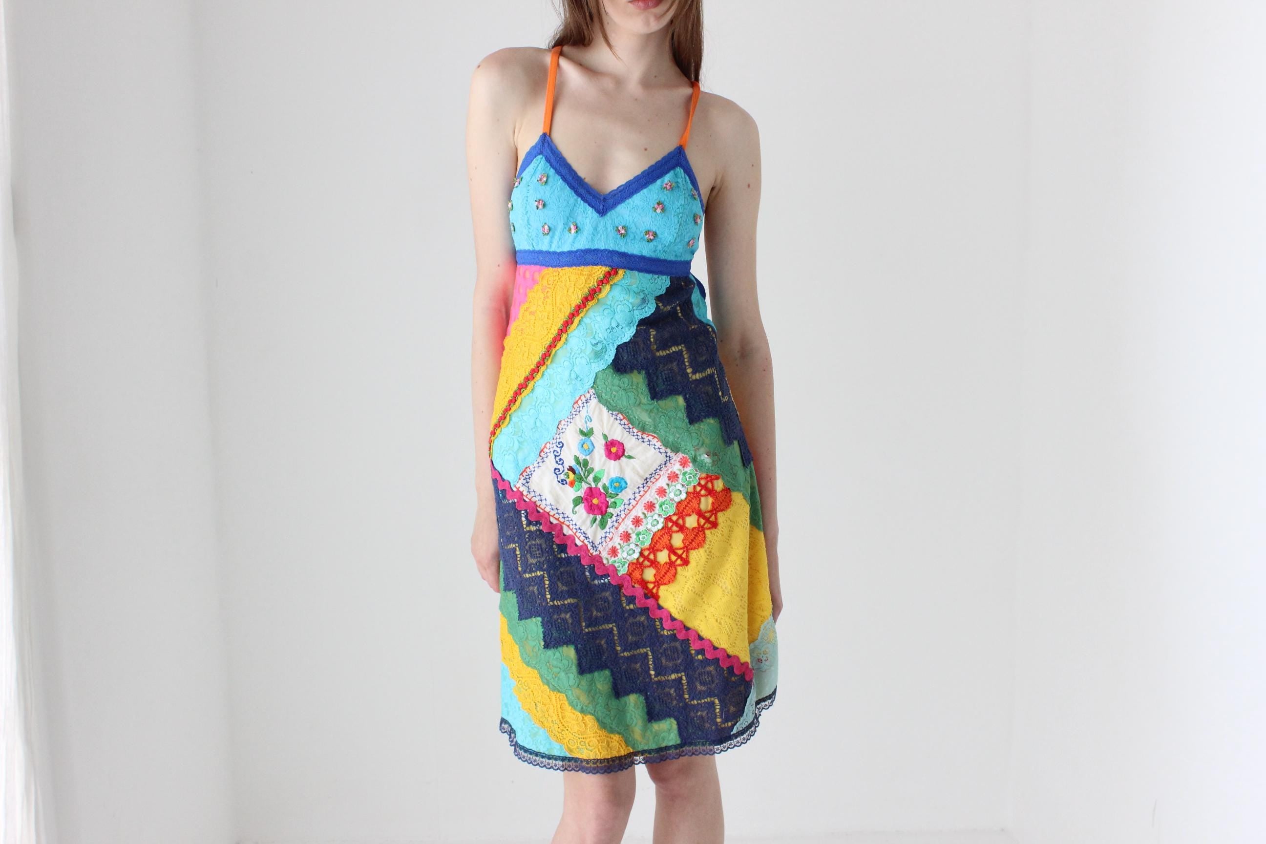 90s Bright Patchwork Lace Halter Dress