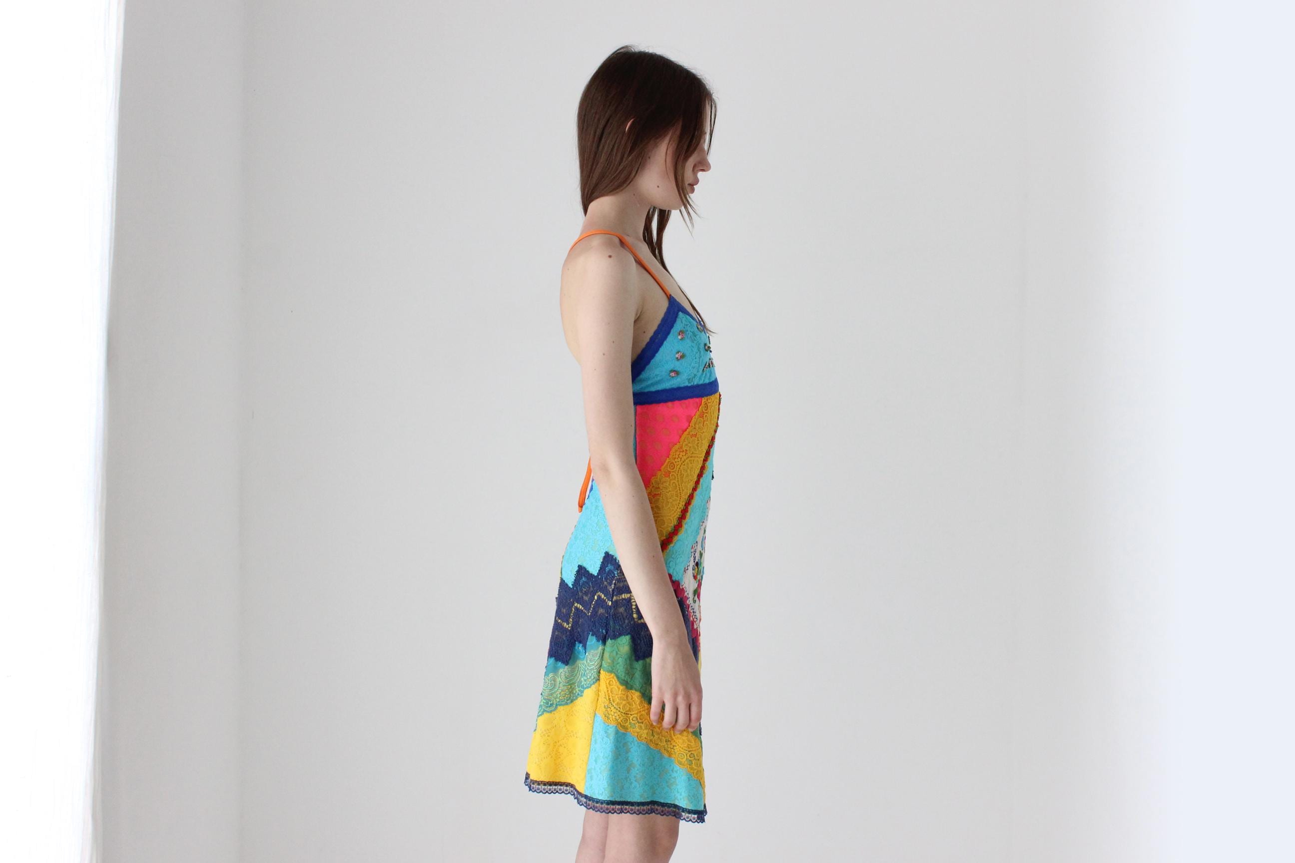 90s Bright Patchwork Lace Halter Dress