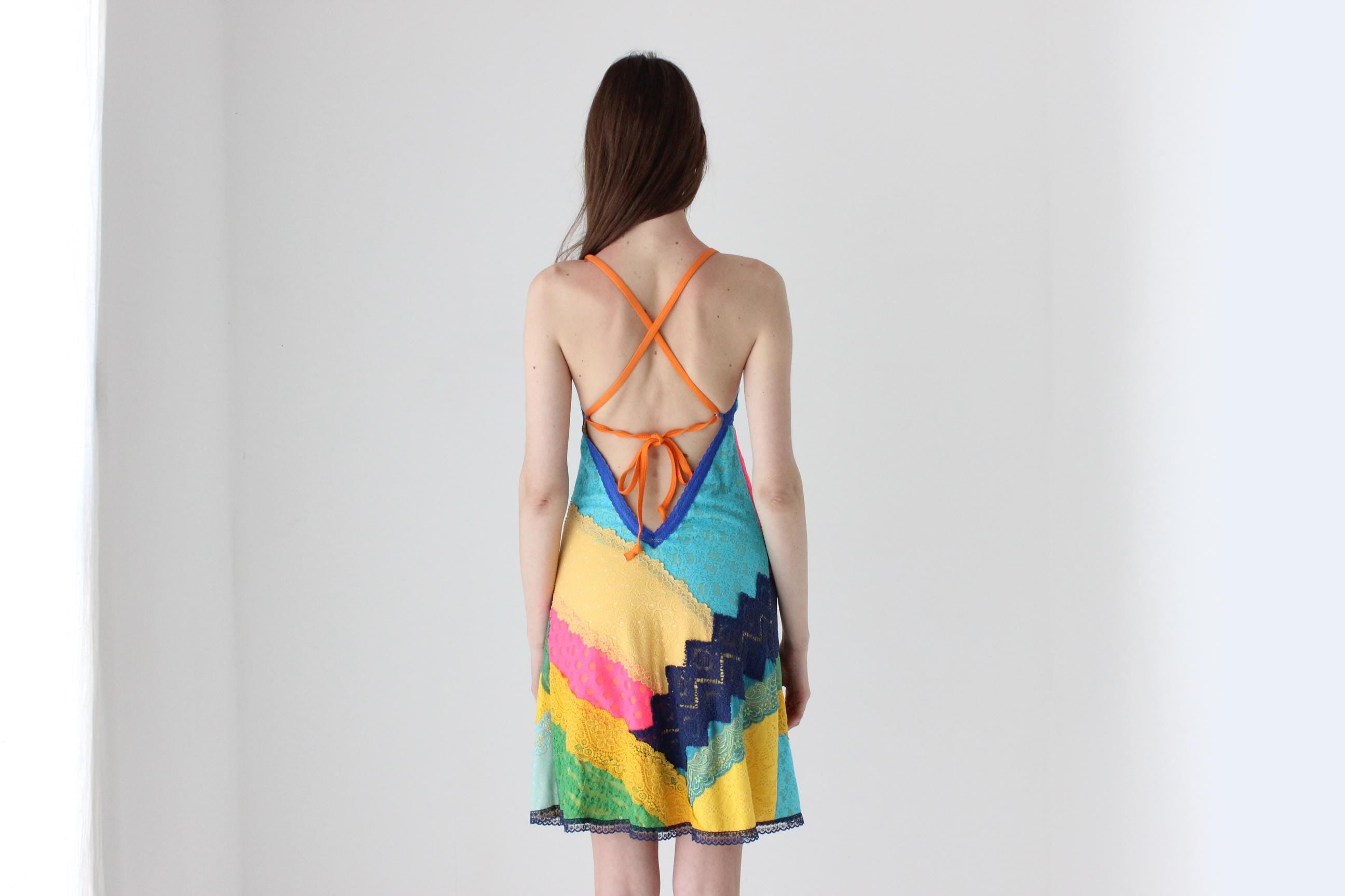 90s Bright Patchwork Lace Halter Dress