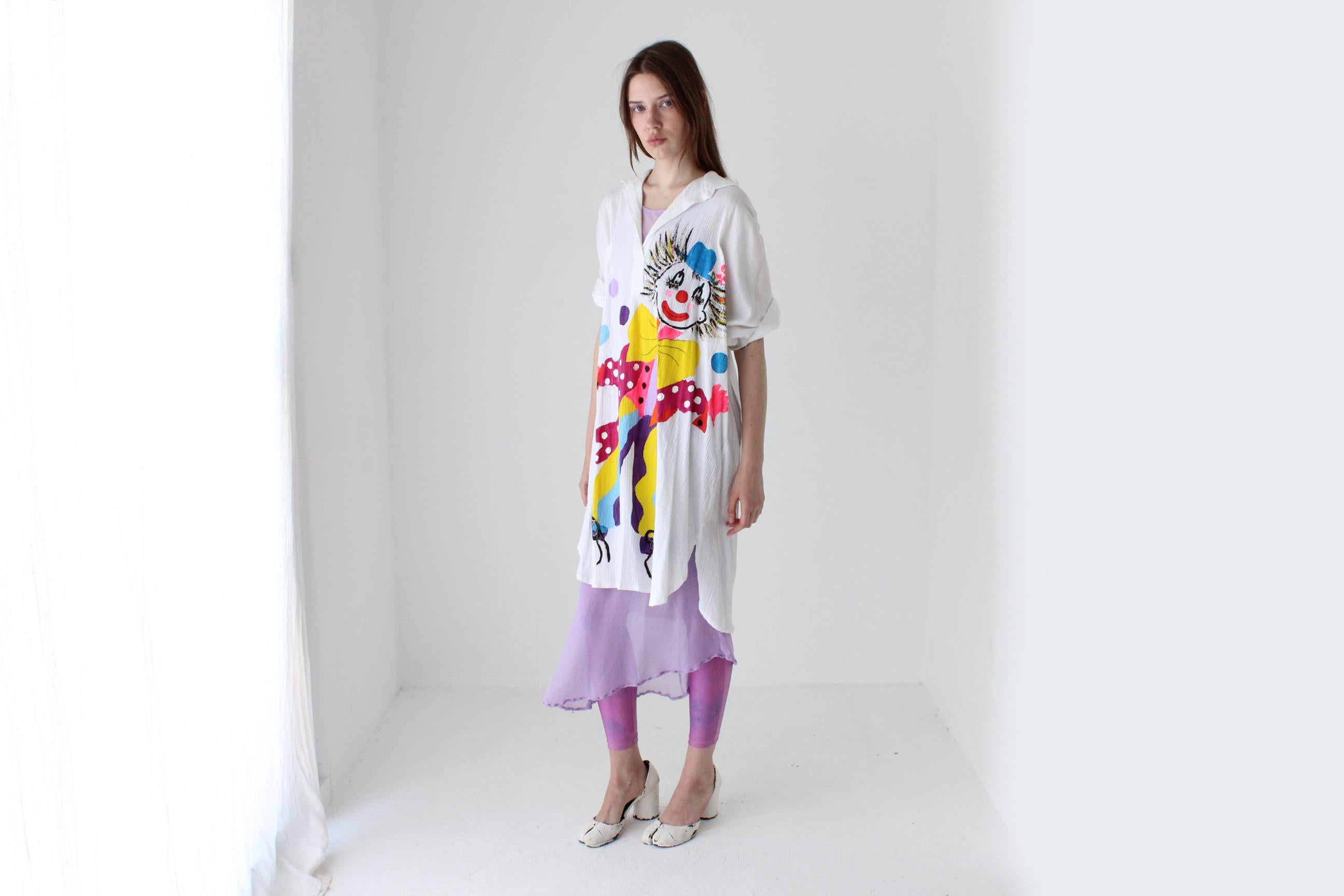 Kooky 80s Novelty Hand Painted Clown Shirt Dress