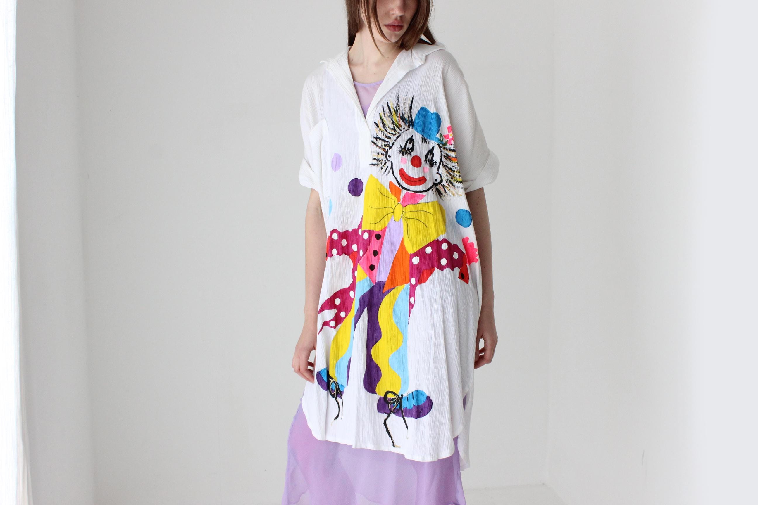 Kooky 80s Novelty Hand Painted Clown Shirt Dress