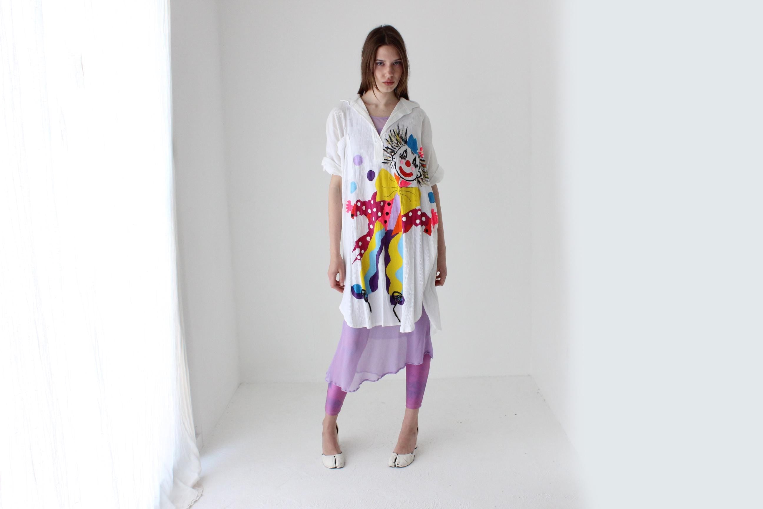 Kooky 80s Novelty Hand Painted Clown Shirt Dress