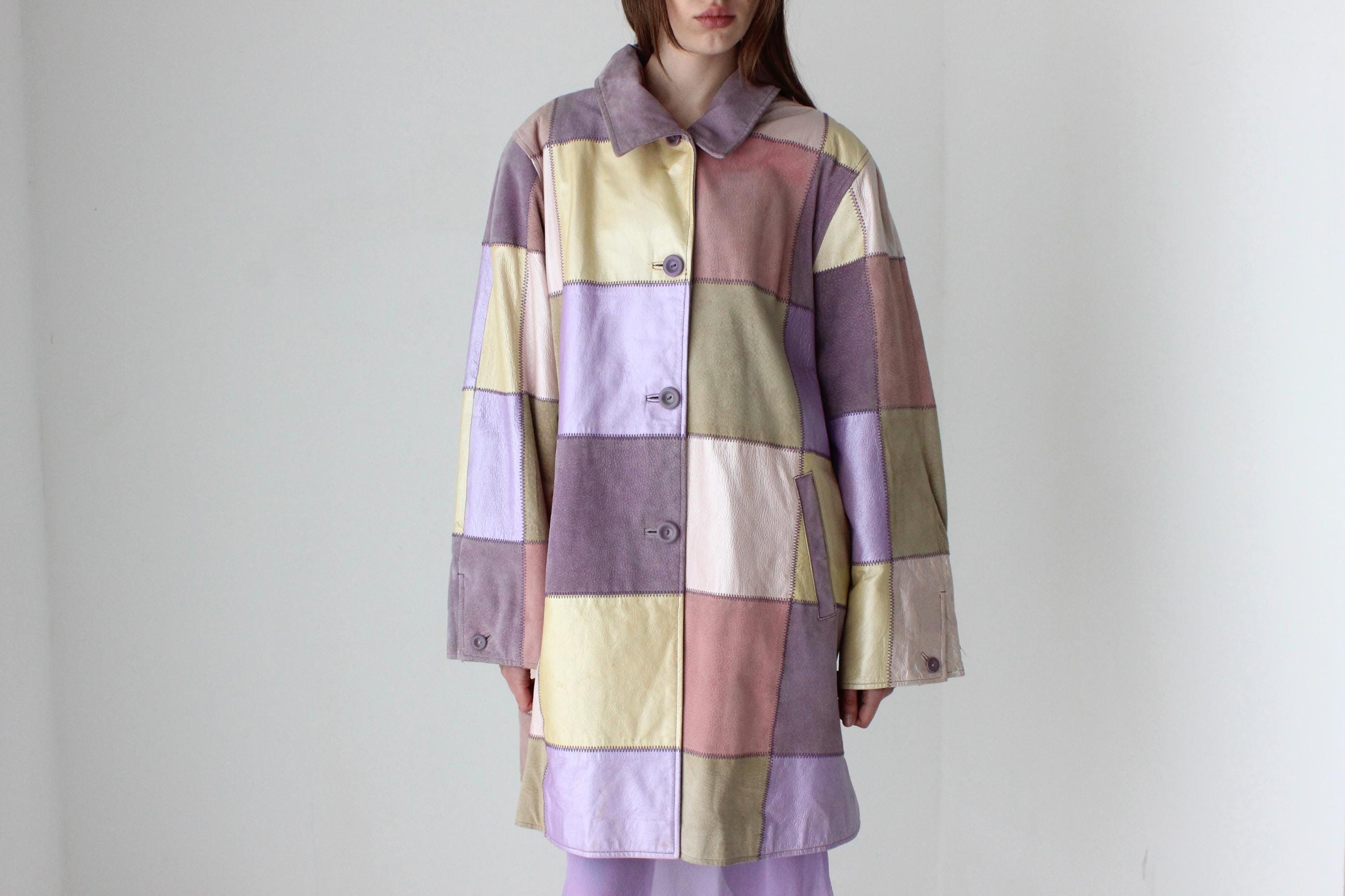 90s Pastel Patchwork Leather Metallic Sorbet XL Jacket