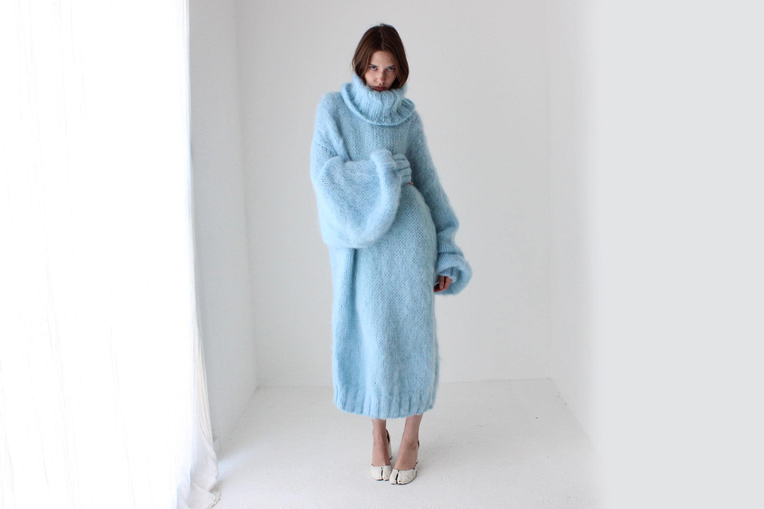 Sky Blue Hand Knit Mohair Sweater Dress