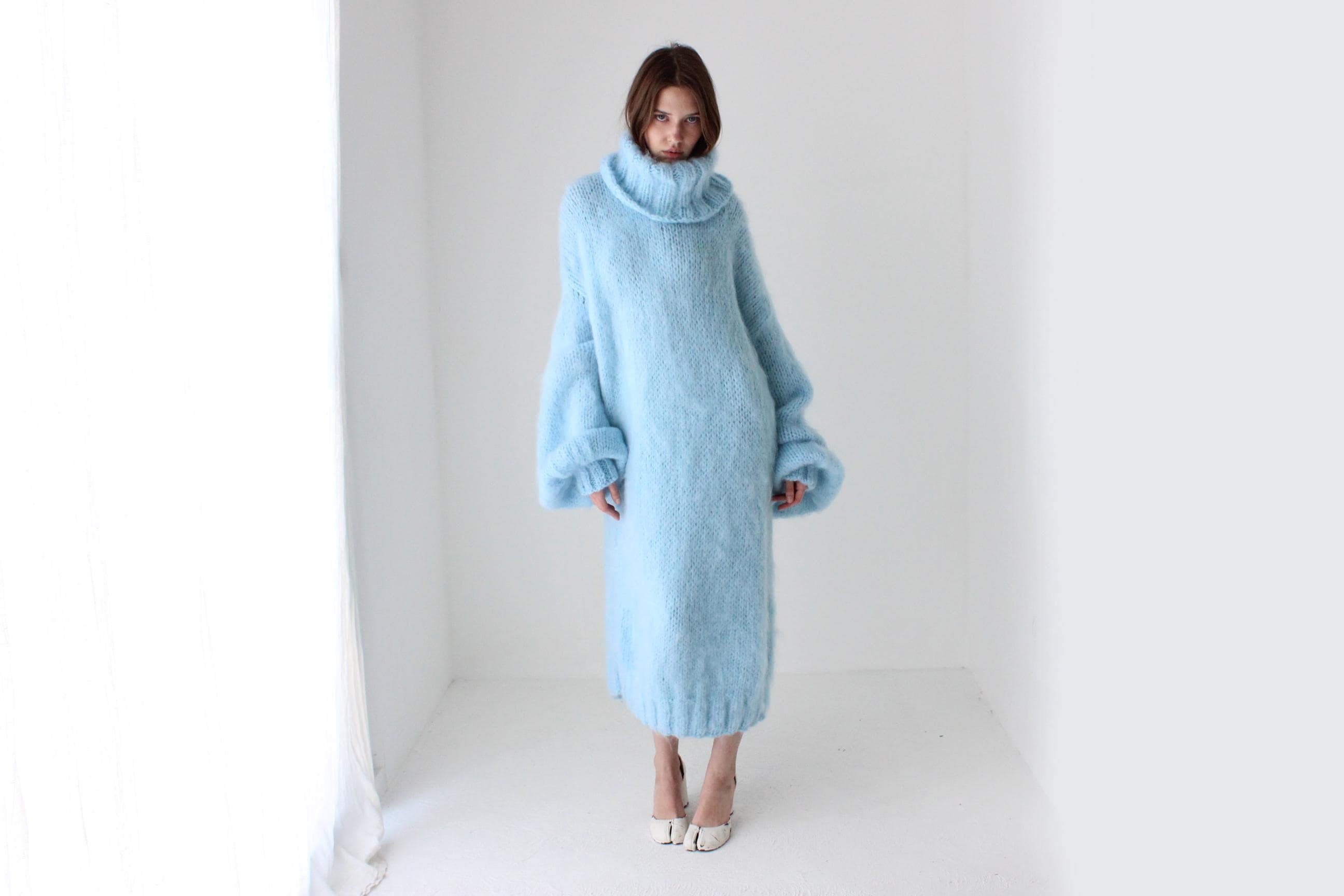 Sky Blue Hand Knit Mohair Sweater Dress