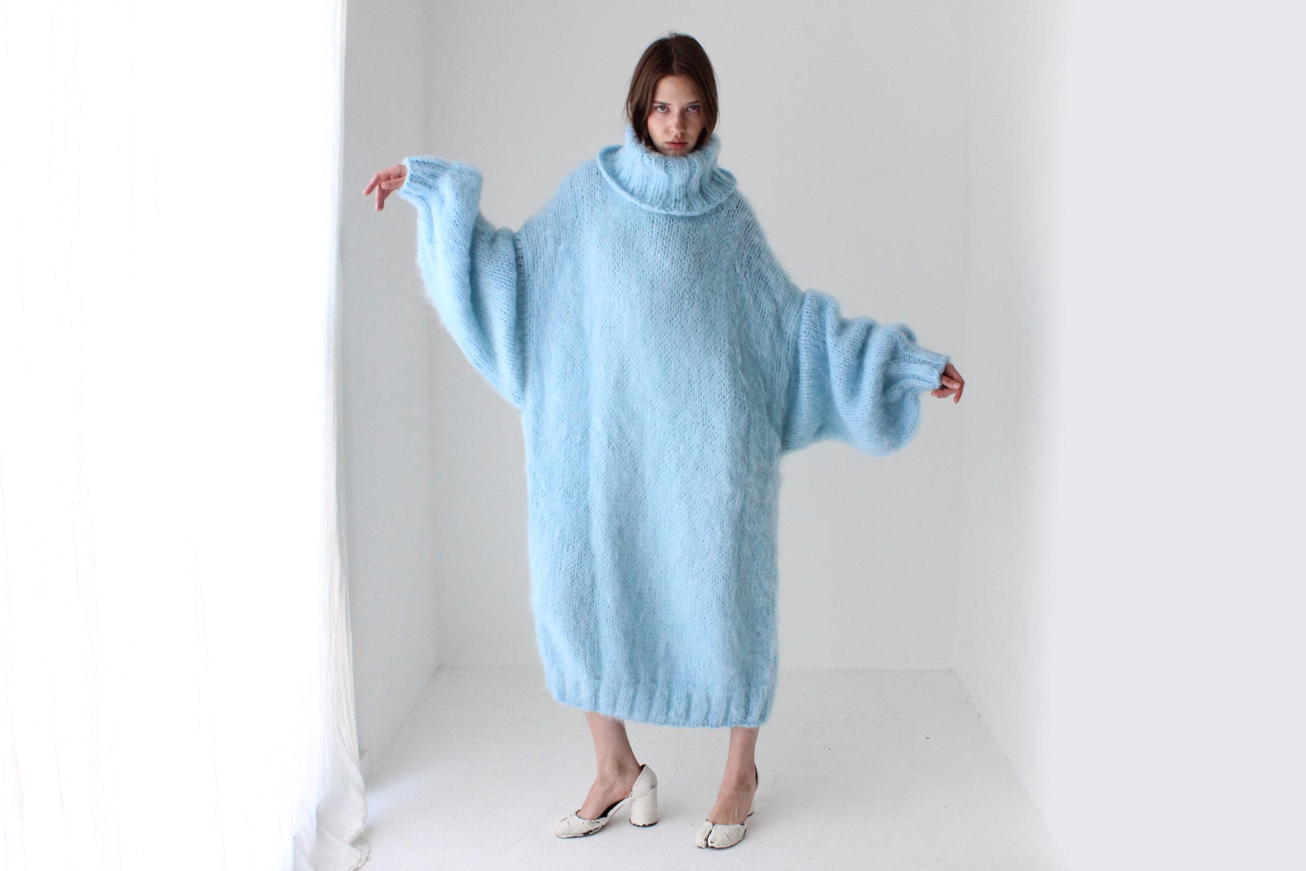 Sky Blue Hand Knit Mohair Sweater Dress