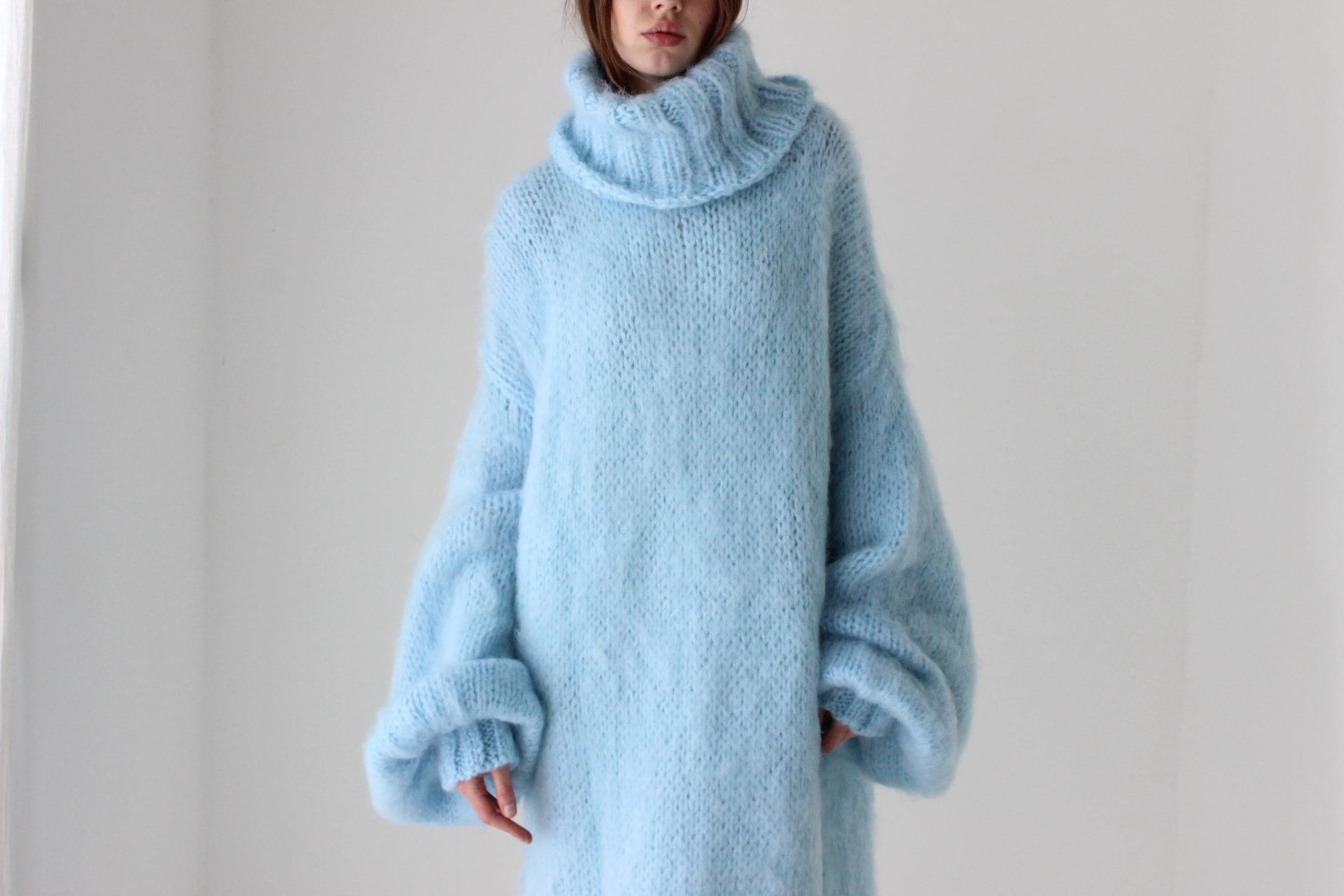 Sky Blue Hand Knit Mohair Sweater Dress