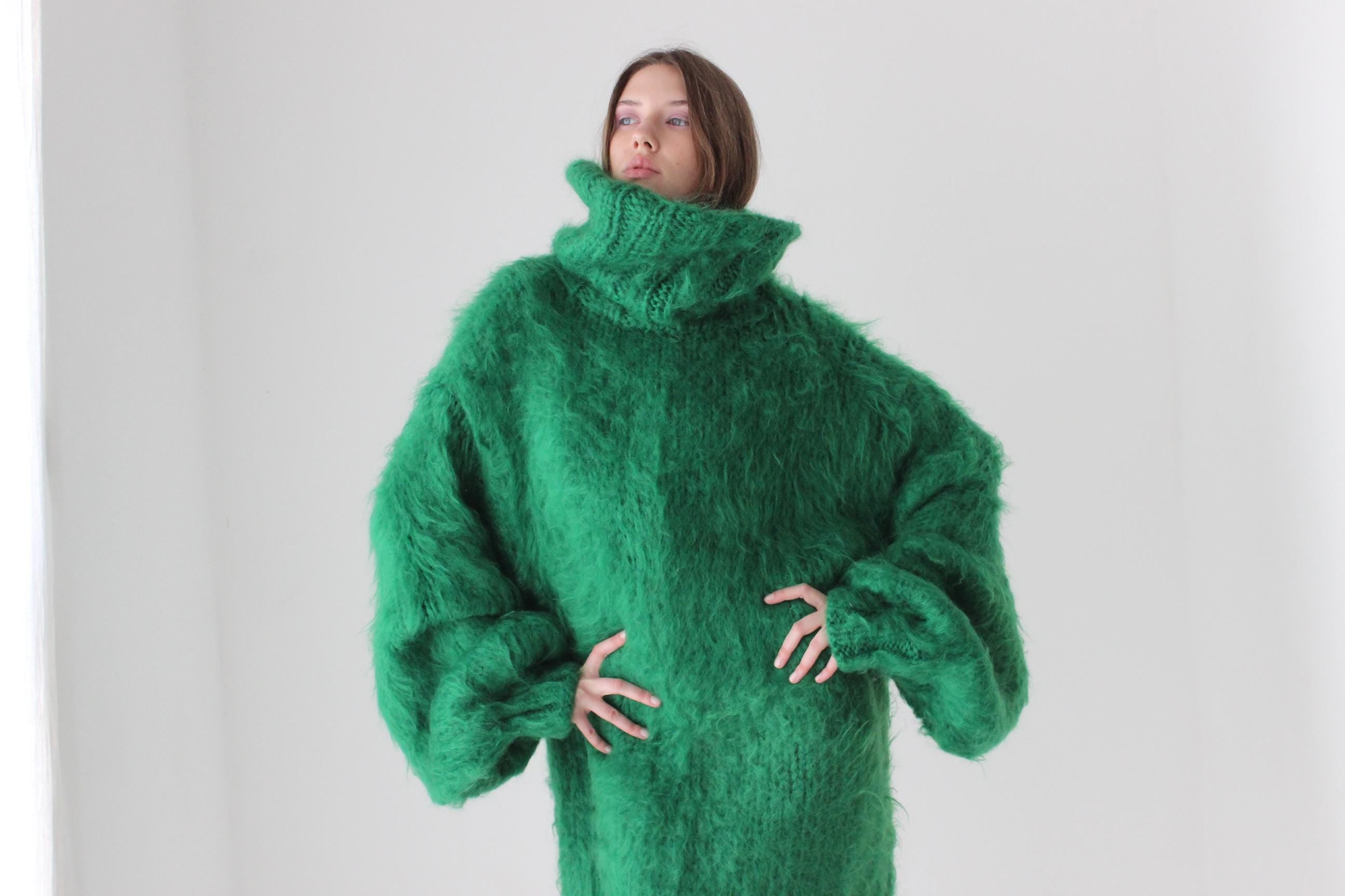 Vibrant Green Hand Knit Mohair Oversized Sweater Dress