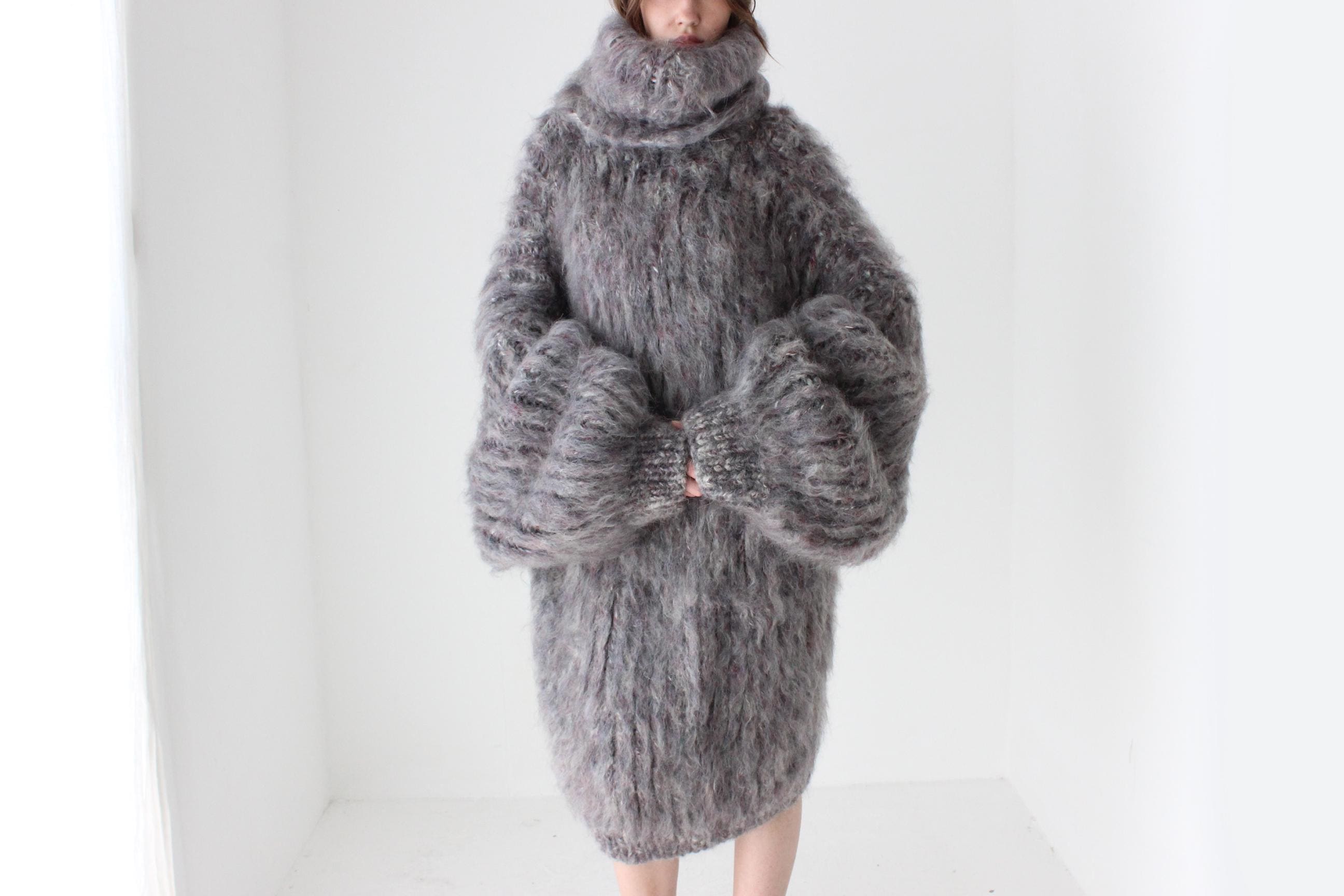 Mottled Grey Hand Knit Mohair Sweater Dress