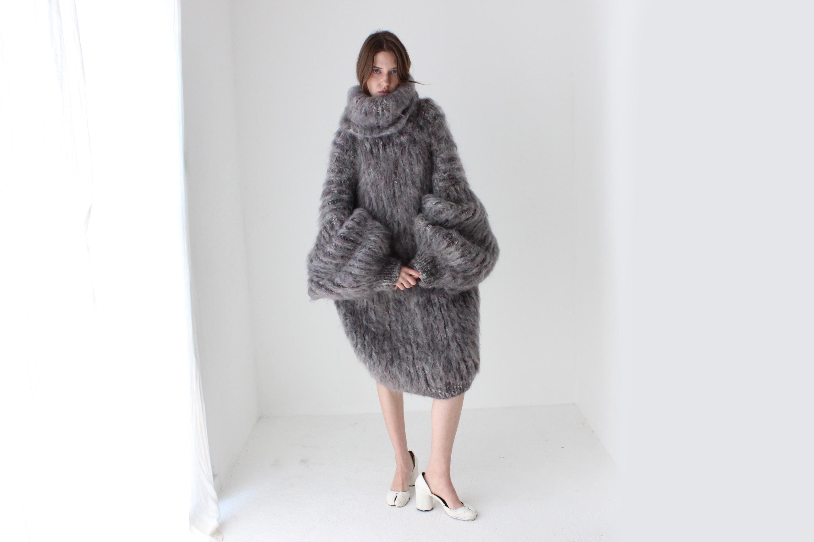 Mottled Grey Hand Knit Mohair Sweater Dress