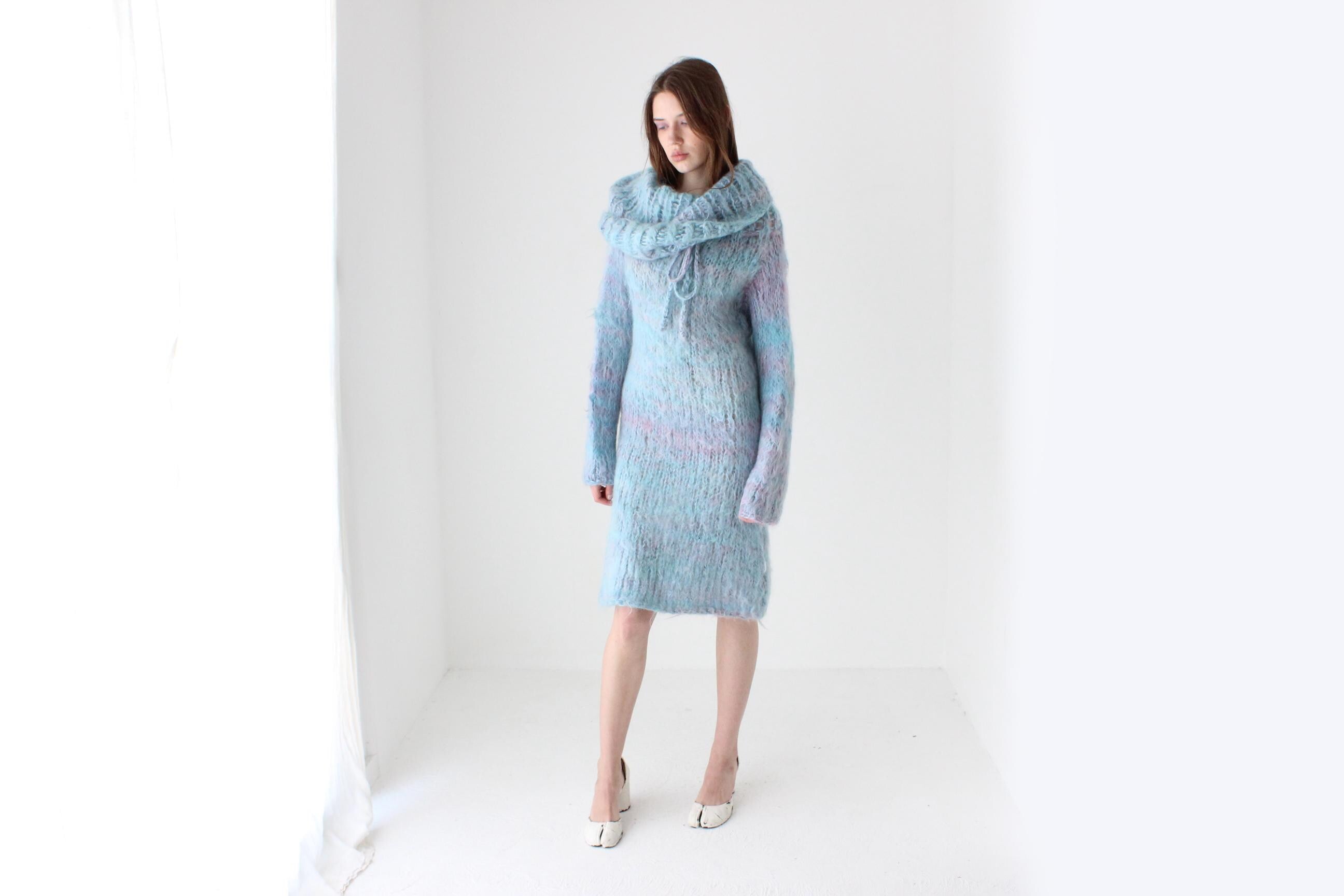 80s Mottled Pastel Hand Knit Mohair Sweater Dress