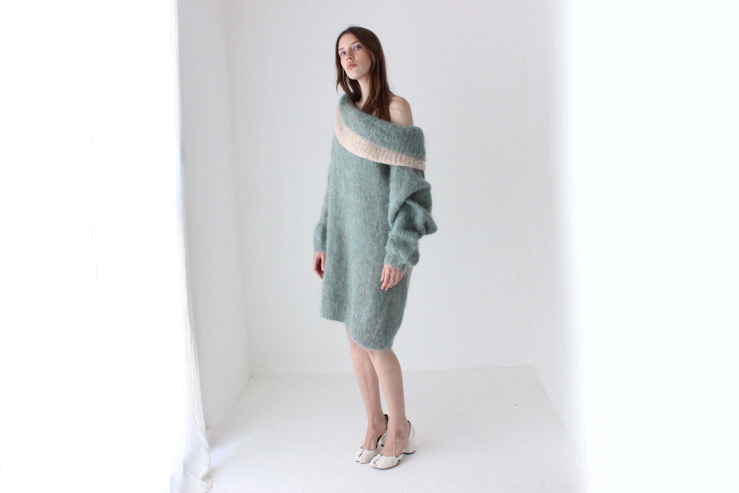 80s Sage Green Hand Knit Mohair Sweater Dress