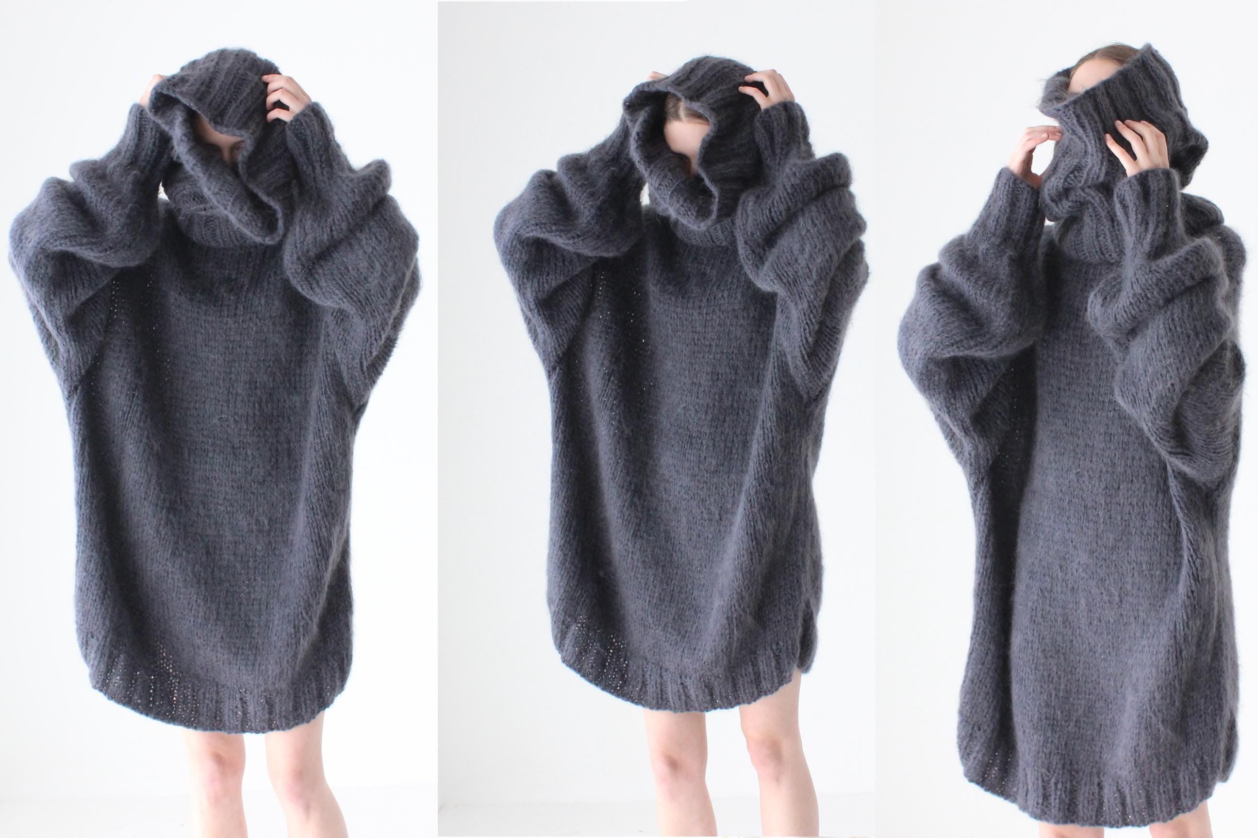 Hand Knit Wool Charcoal Grey Oversized Unisex Sweater w/ Detachable Collar / Hood
