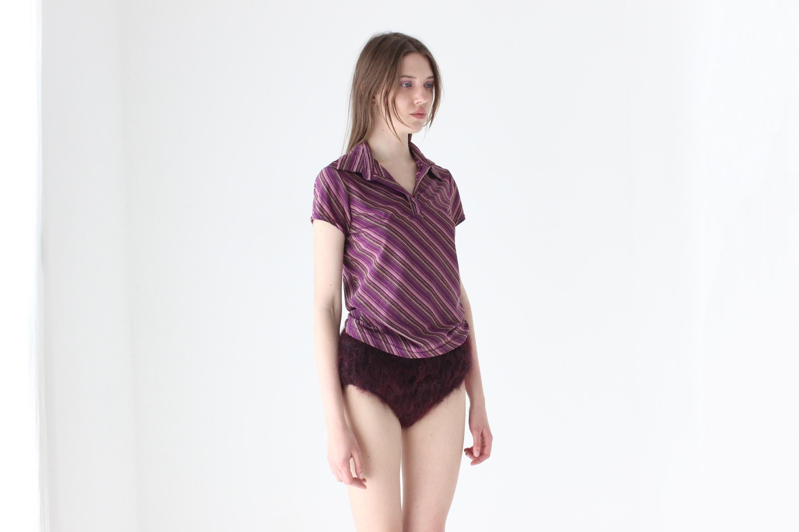 Y2K Metallic Stripe Collared Disco Tee