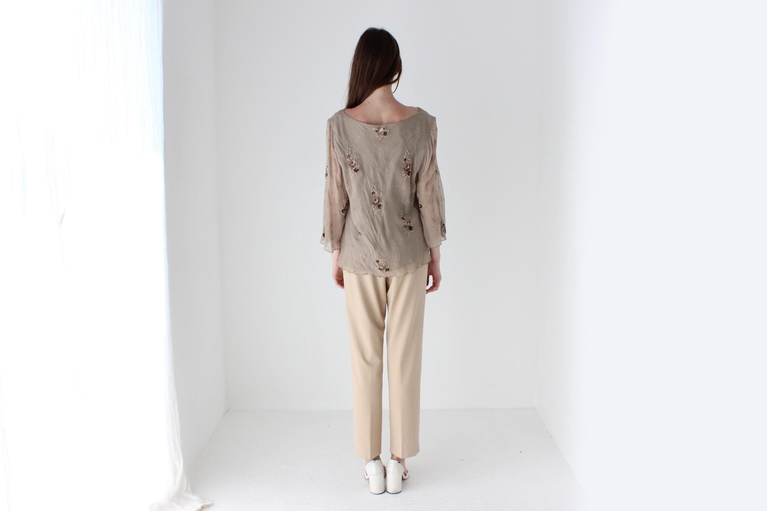 Y2K Beige Silk Cowl Neck Top