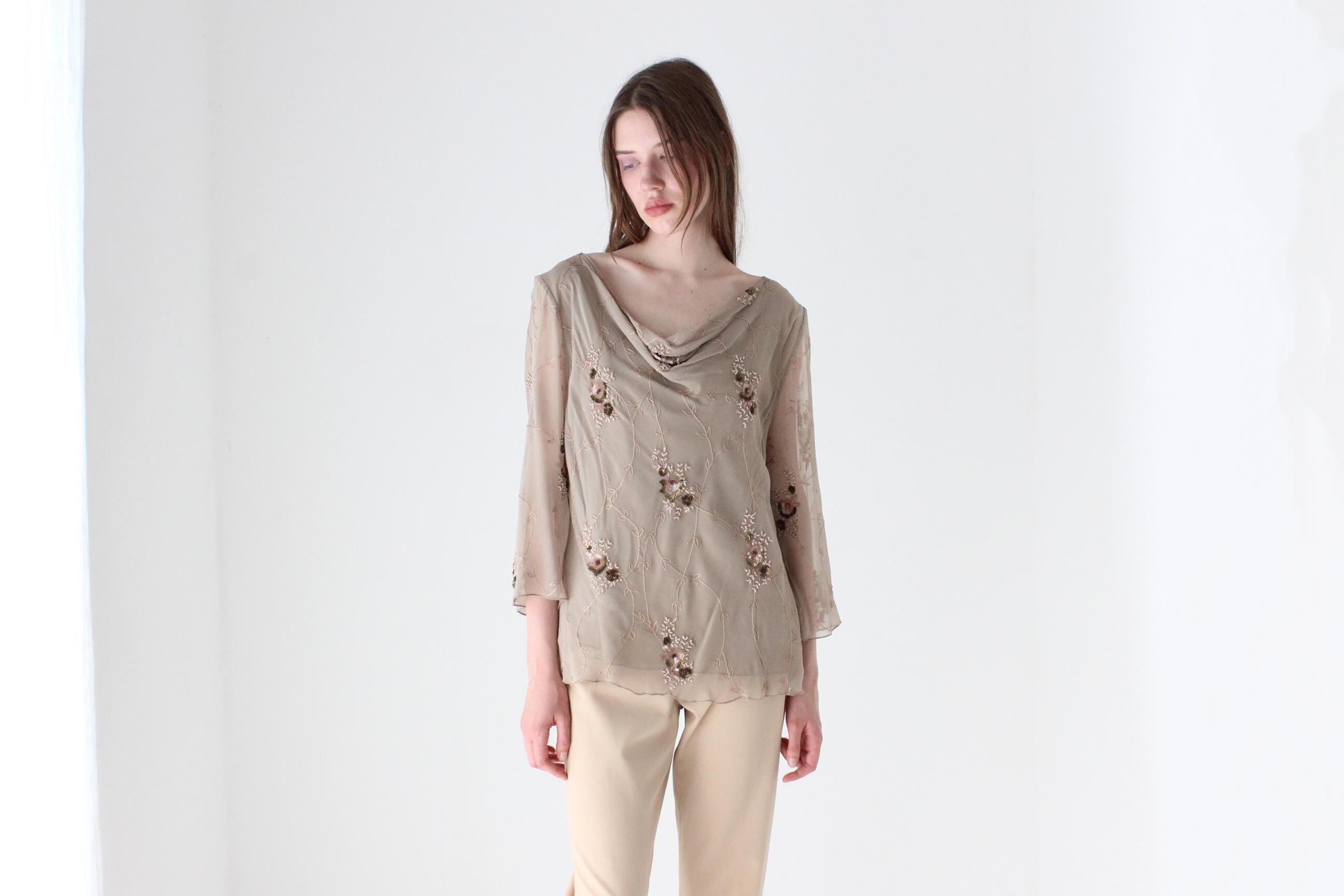 Y2K Beige Silk Cowl Neck Top