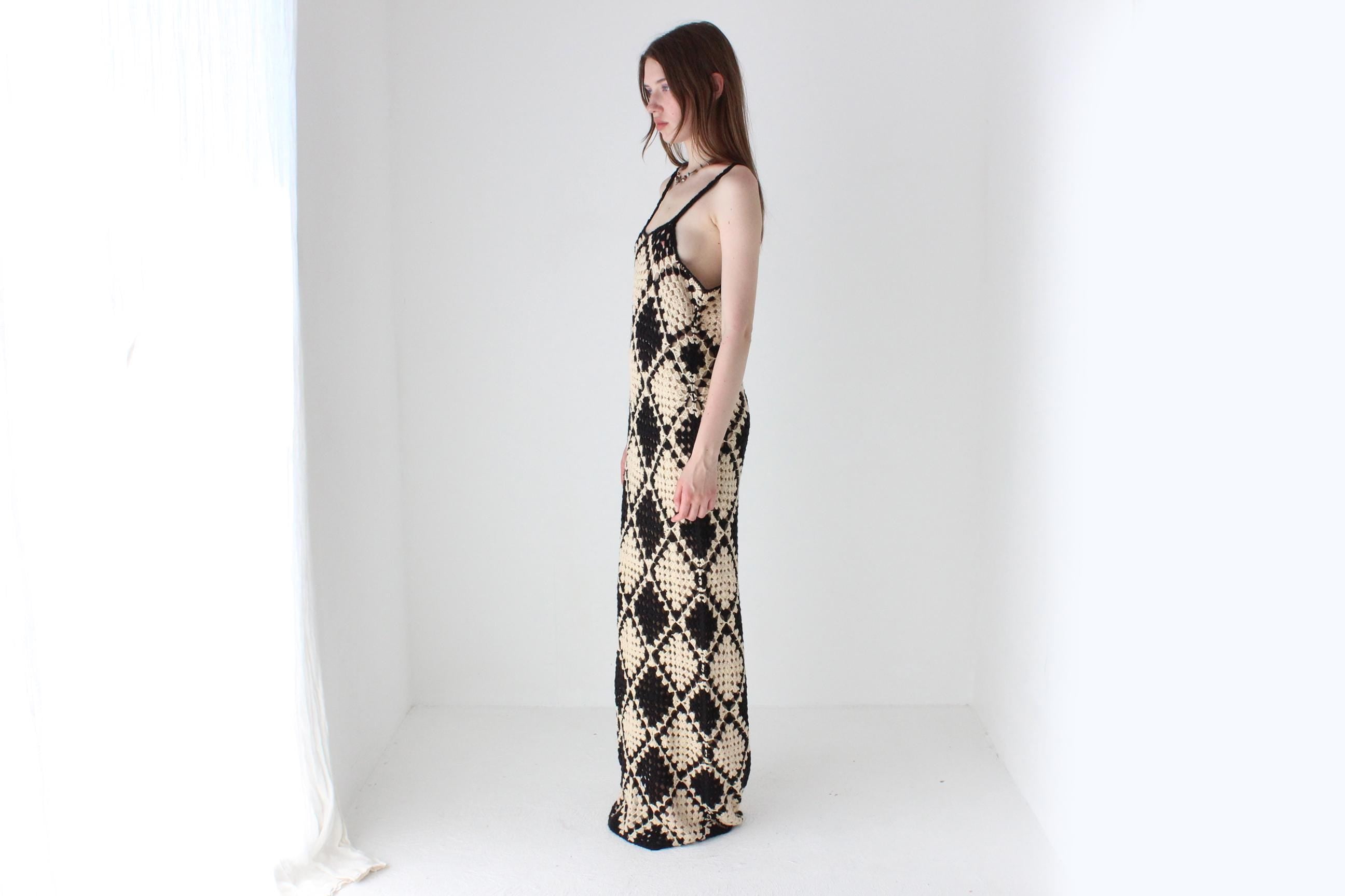 Black & Beige Square Crochet Knit Maxi Dress