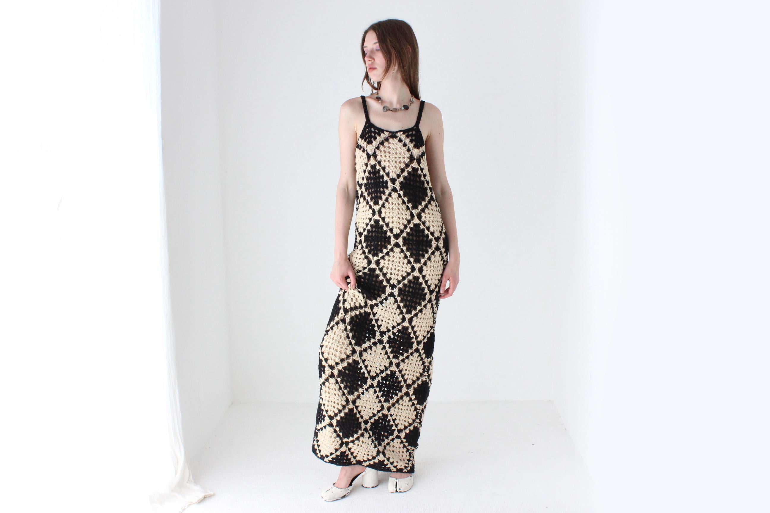 Black & Beige Square Crochet Knit Maxi Dress
