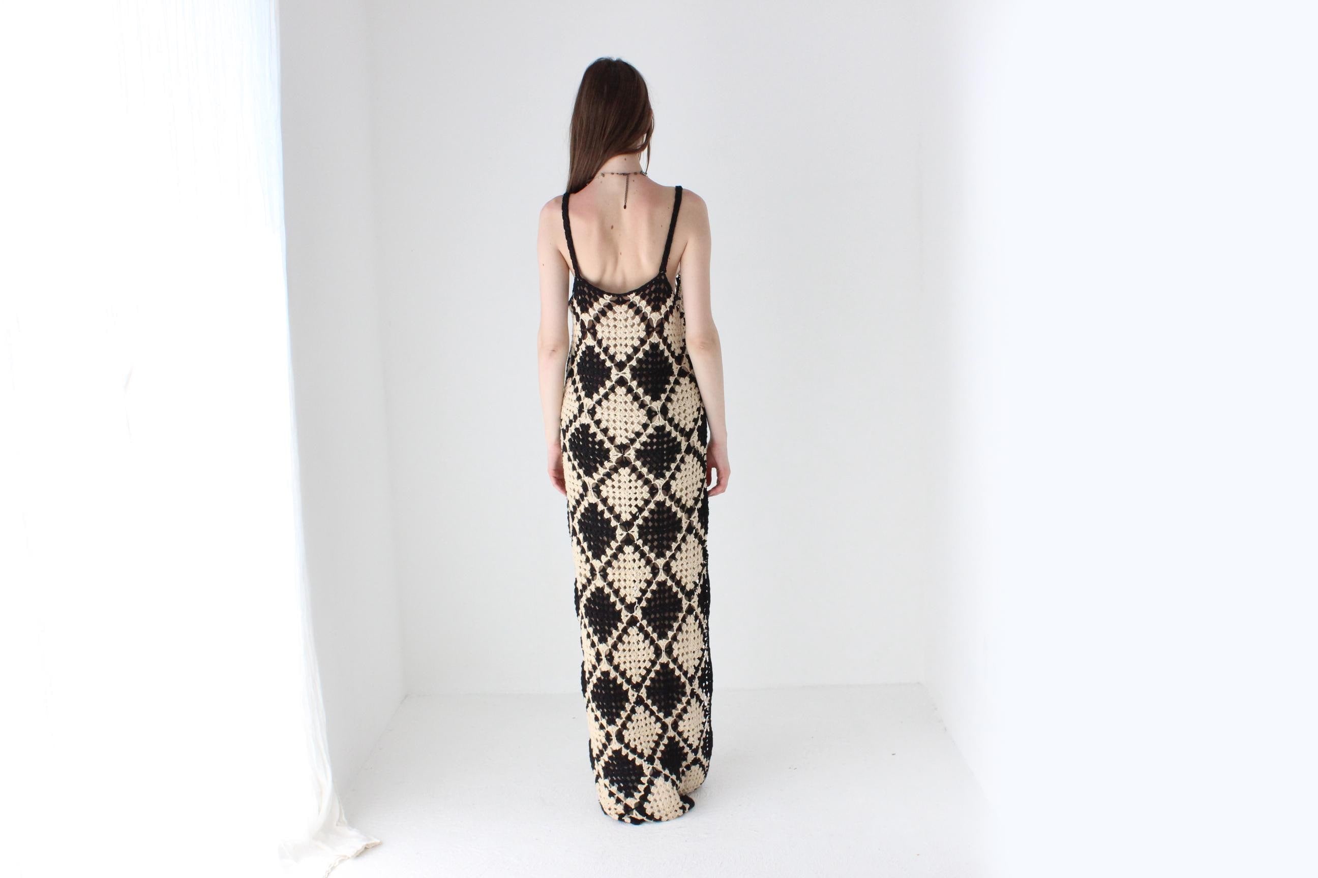 Black & Beige Square Crochet Knit Maxi Dress