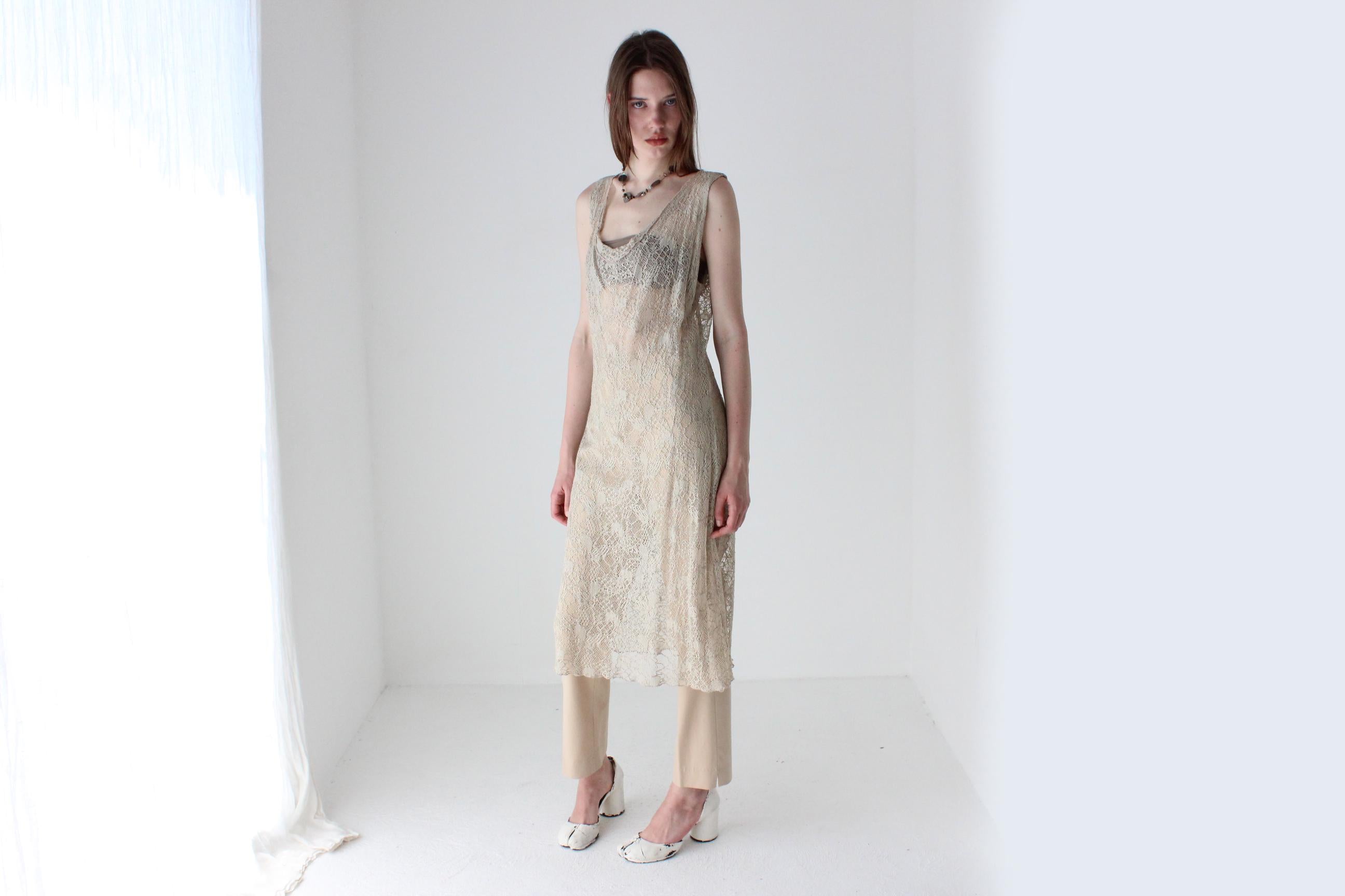 90s Italian Vintage Sheer Beige Lace Layering Dress