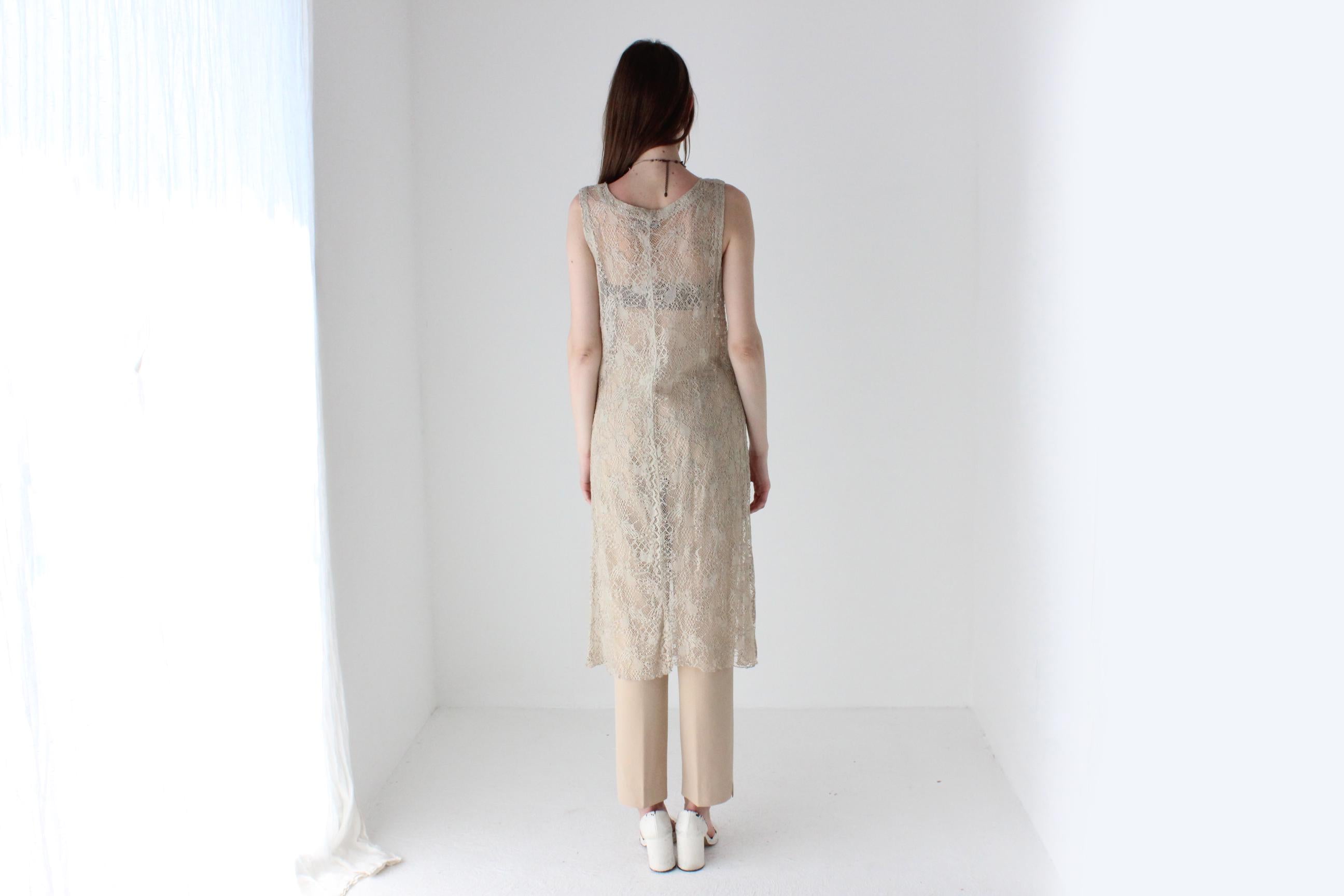 90s Italian Vintage Sheer Beige Lace Layering Dress