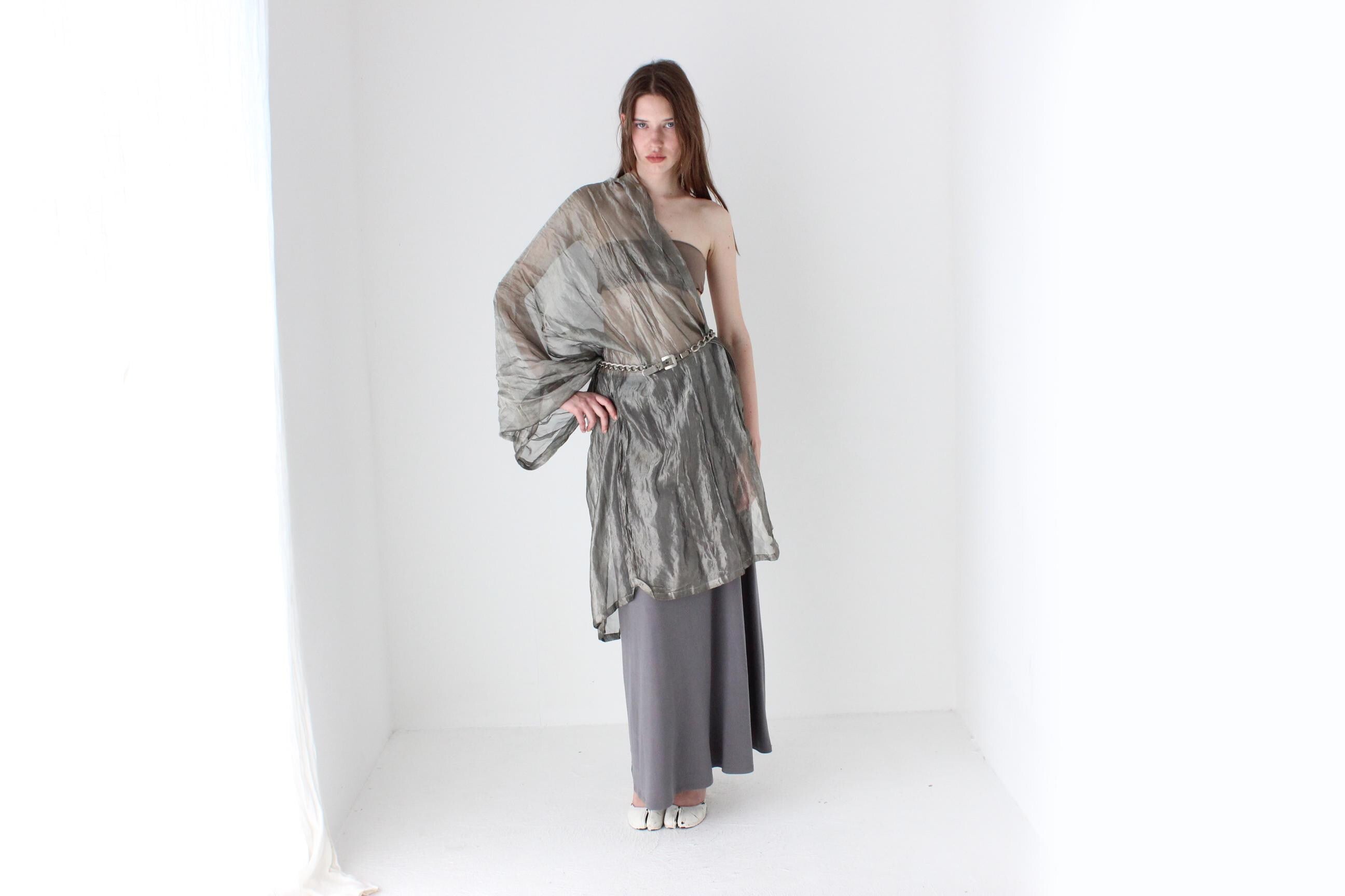 Metallic Silver Crinkle Organza Multi-Way Dramatic Shawl