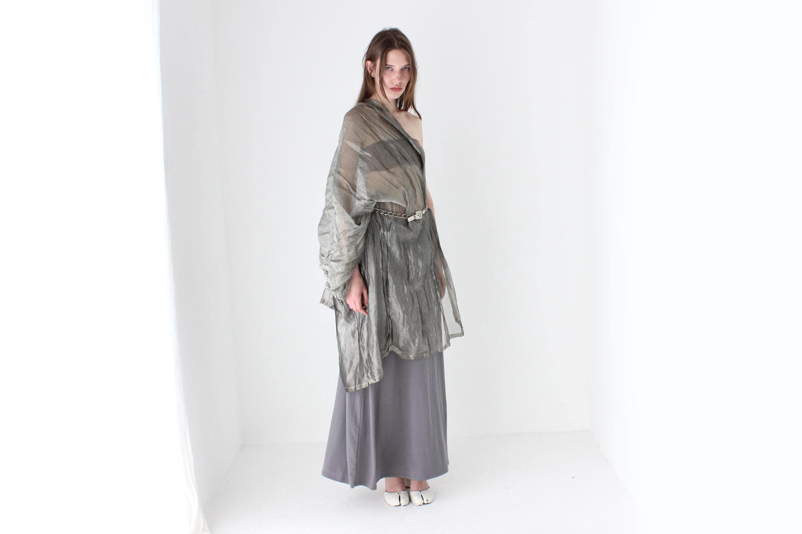Metallic Silver Crinkle Organza Multi-Way Dramatic Shawl