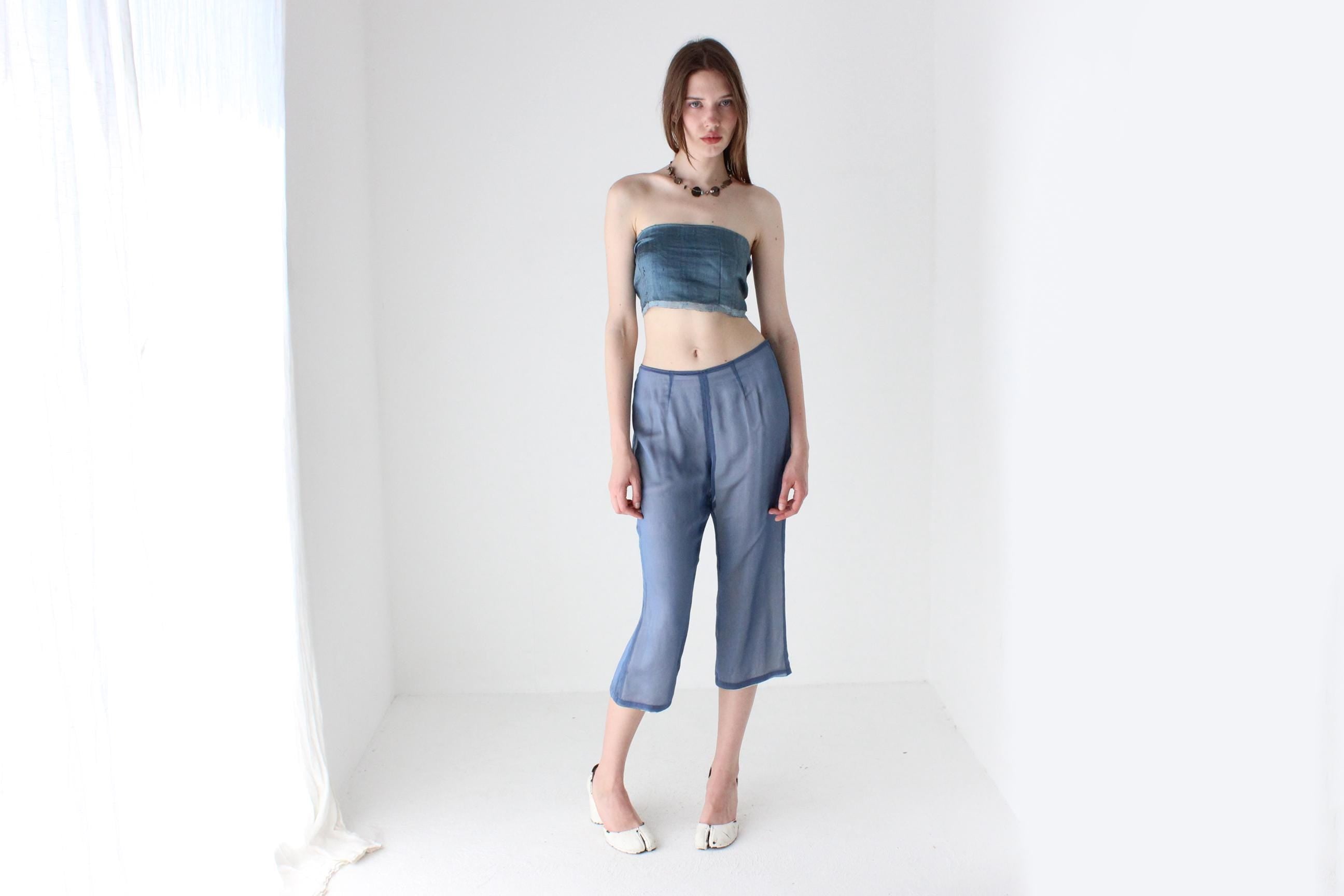 90s Futuristic Sheer Blue 'Illusion' Silk Capri Pants