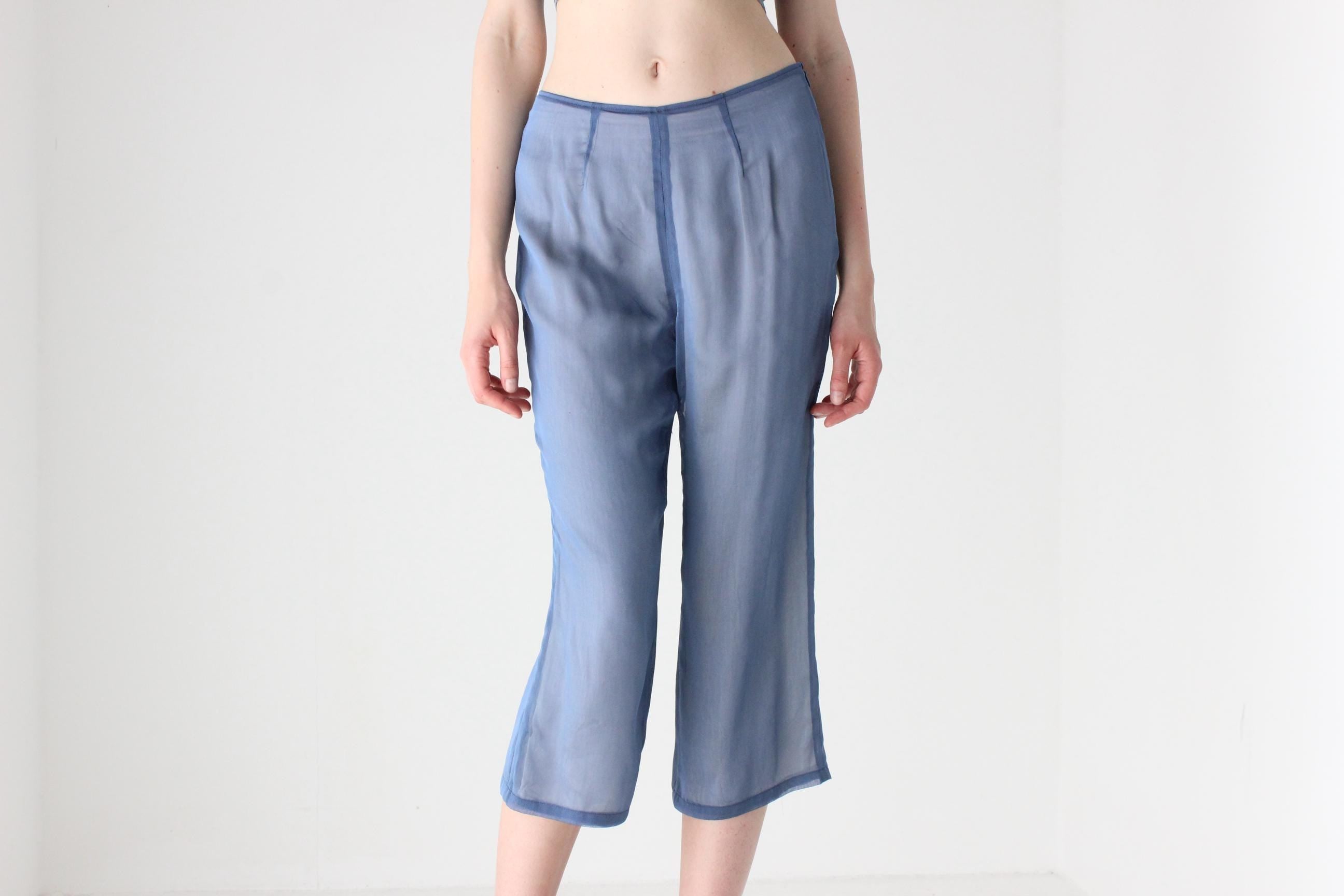 90s Futuristic Sheer Blue 'Illusion' Silk Capri Pants