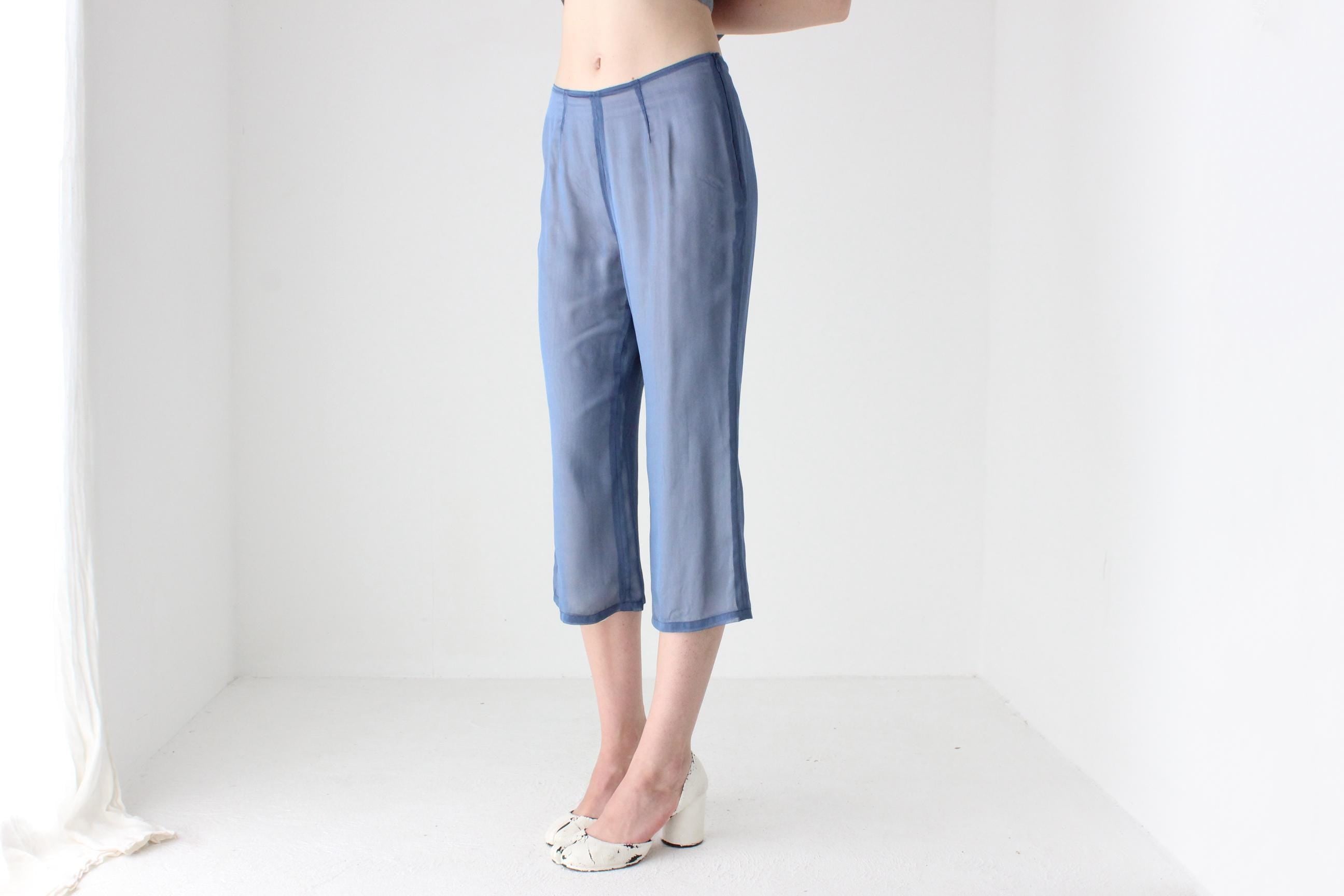 90s Futuristic Sheer Blue 'Illusion' Silk Capri Pants