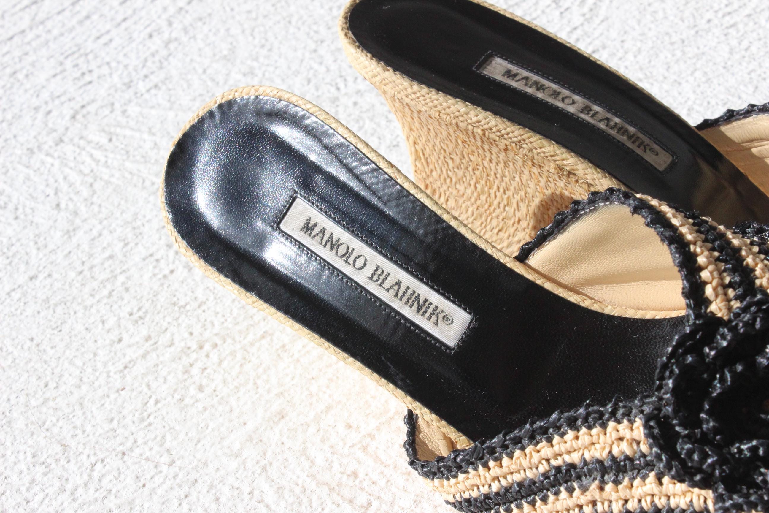 Vintage Manolo Blahnik Striped Raffia Wedges w/ 3D Flower ~ Euro 38