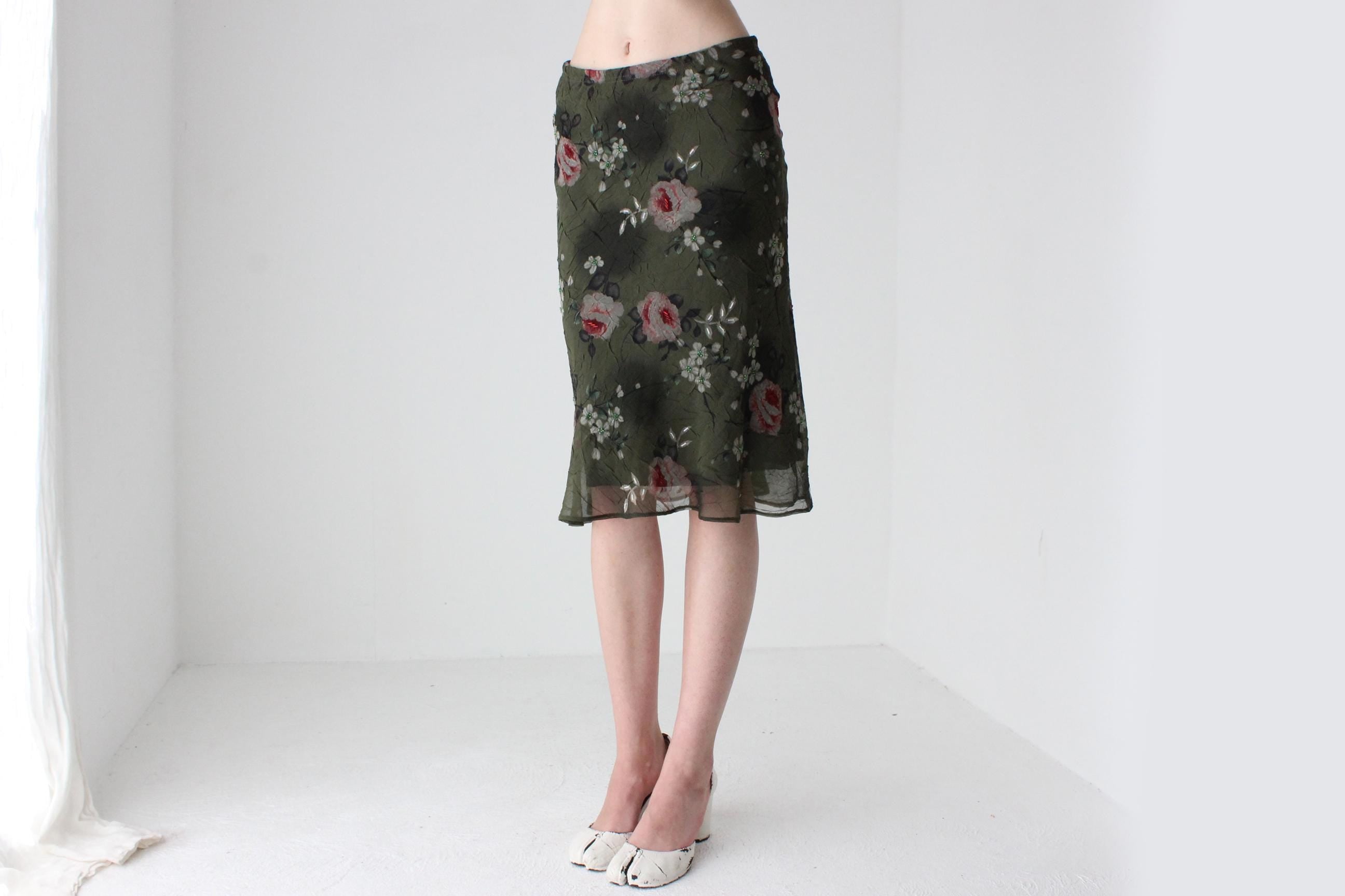 90s Arty Rose Print Knee Length Skirt by 'Miss Cool'